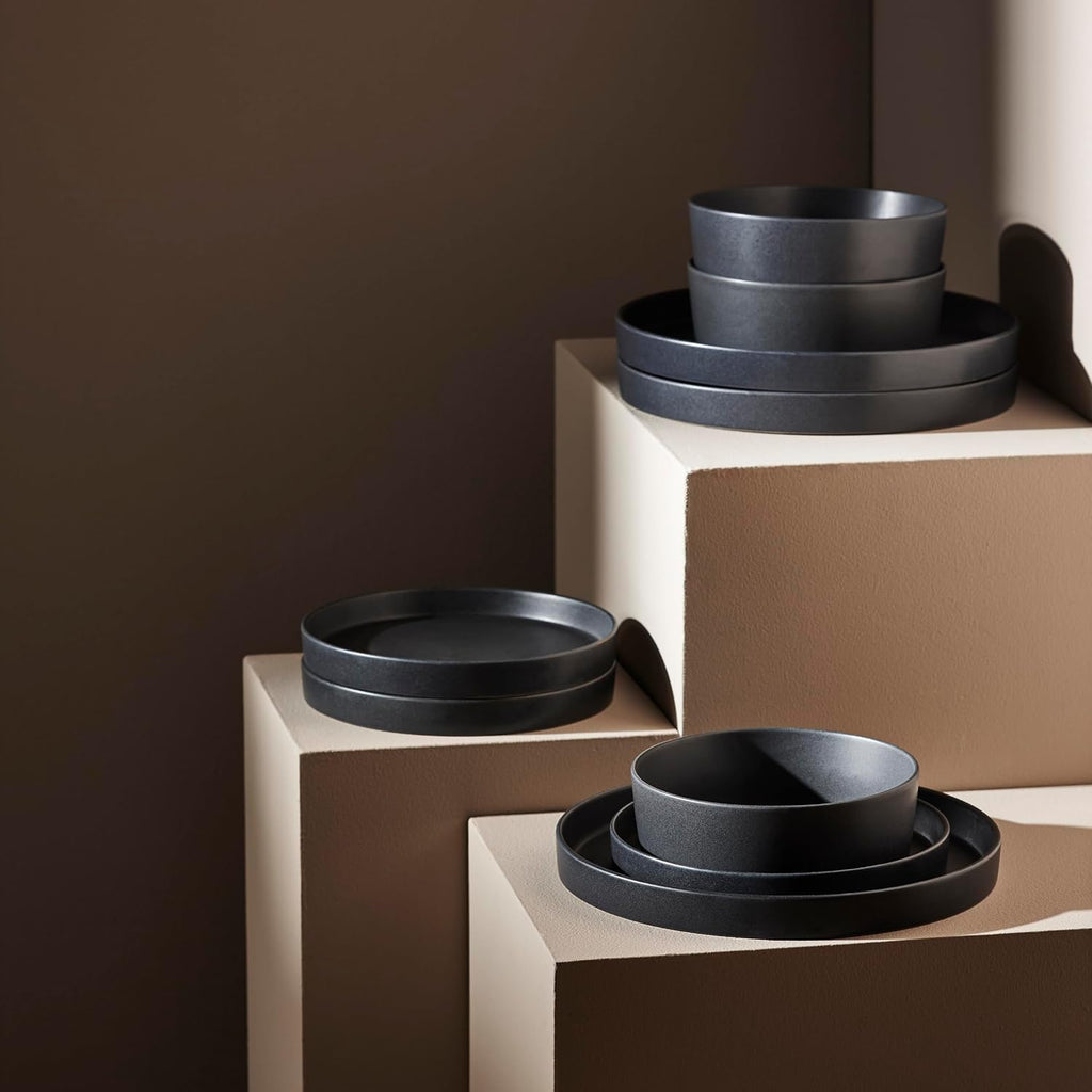 Stone by Mercer Project MODAN 24-Piece Stoneware Dinnerware Set, Plates and Bowls Sets, Dish Set for 8, Charcoal