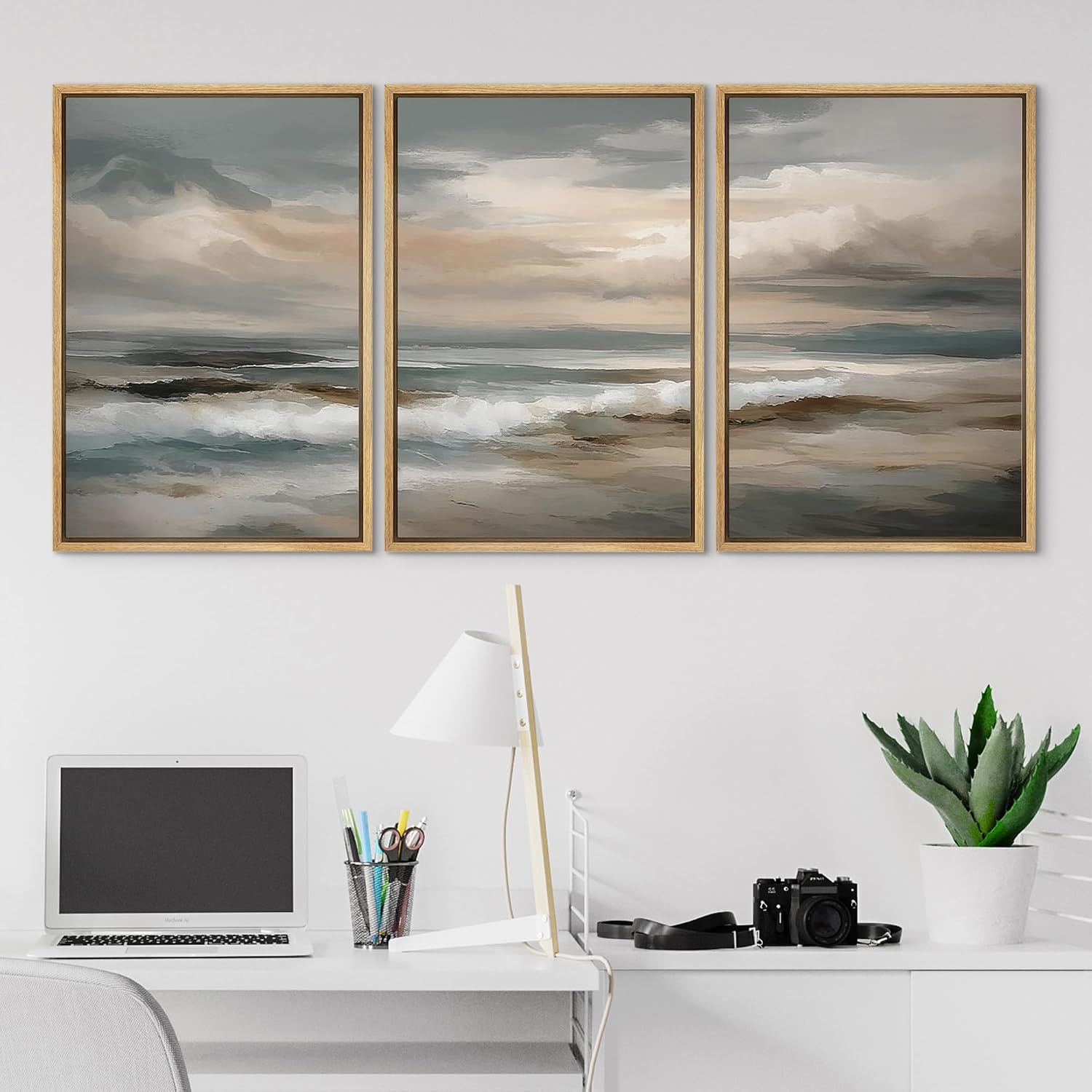SIGNLEADER Framed Canvas Print Wall Art Set Soft Neutral Coastal Waves Muted Teal and Beige Ocean Illustrations Minimal Decorative Bohemian Nordic for Living Room, Bedroom, Office - 24'x36'x3 NATURAL