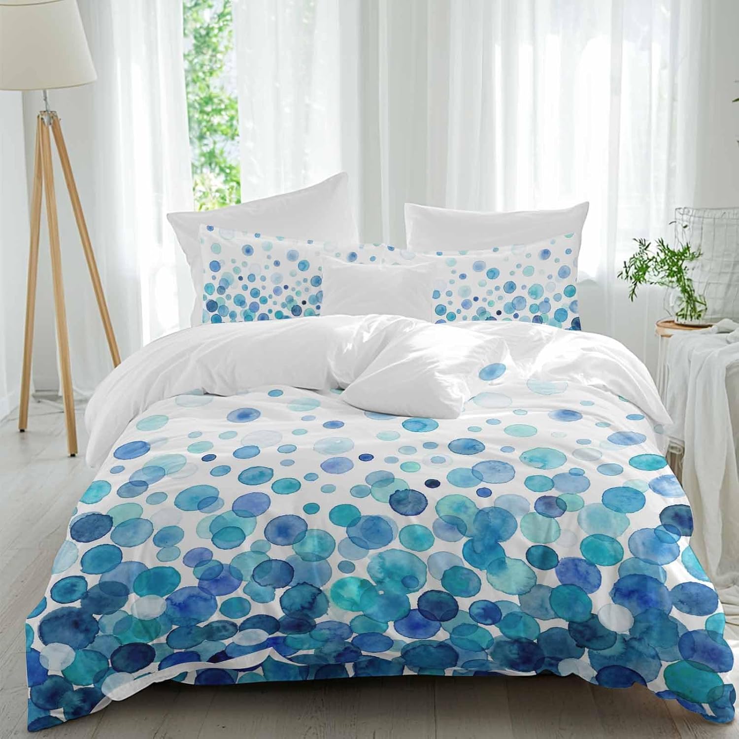 Prime Leader Blue Polka Dots Duvet Cover Set Queen Size 4 Pieces Watercolor Abstract Art Gradients Bedding Set with Zipper Closure, 1 Comforter Cover 90x92 Inches 1 Flat Sheet & 2 Pillow Cases
