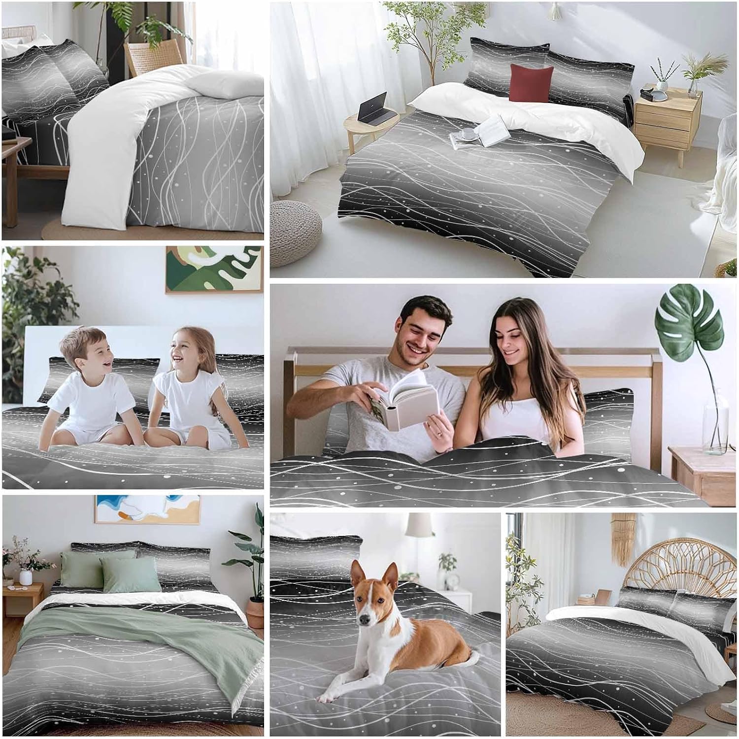 Gradient Black White Duvet Cover Set Queen Size 4 Pieces Wave Line Dots Modern Abstract Simple Bedding Set with Zipper Closure, 1 Comforter Cover 92x106 Inches 1 Flat Sheet & 2 Pillow Cases
