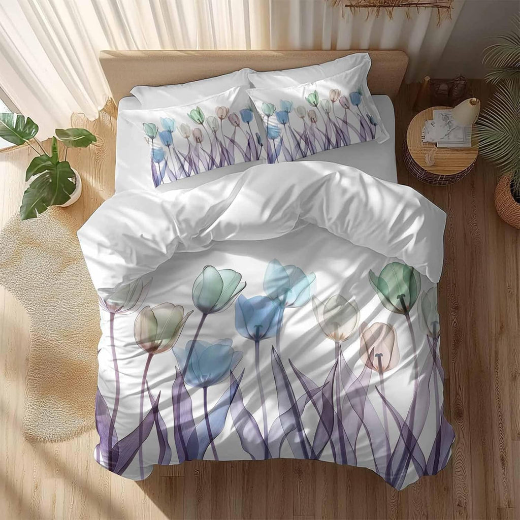 Prime Leader Spring Floral Duvet Cover Set Queen Size 4 Pieces Watercolor Purple Tulip Flowers Pattern Bedding Set with Zipper Closure, 1 Comforter Cover 86x86 Inches 1 Flat Sheet & 2 Pillow Cases