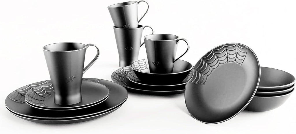 Nomnu Spiderweb Dinnerware Set (16 Pieces) - Goth Dinnerware Set - Black Matte Porcelain - 4 Dinner Plates 4 Salad Plates 4 Bowls 4 Mugs - Halloween Spooky Dishes Gothic Kitchen Decor Gifts