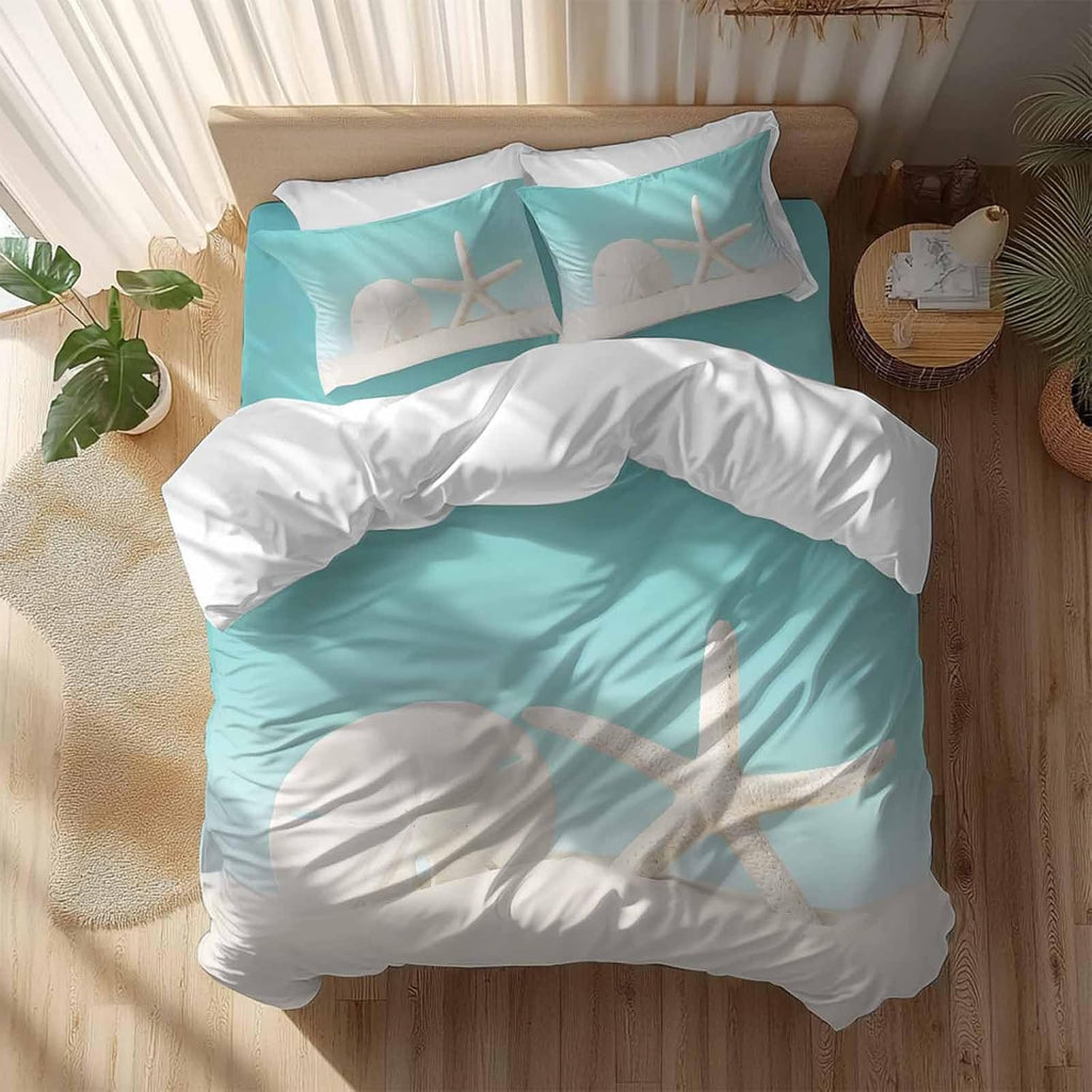 Beach Starfish Sand Dollar Duvet Cover Set Queen Size 4 Pieces Modern Nautical Ocean Marine Life Teal Bedding Set with Zipper Closure, 1 Comforter Cover 92x106 Inches 1 Flat Sheet & 2 Pillow Cases