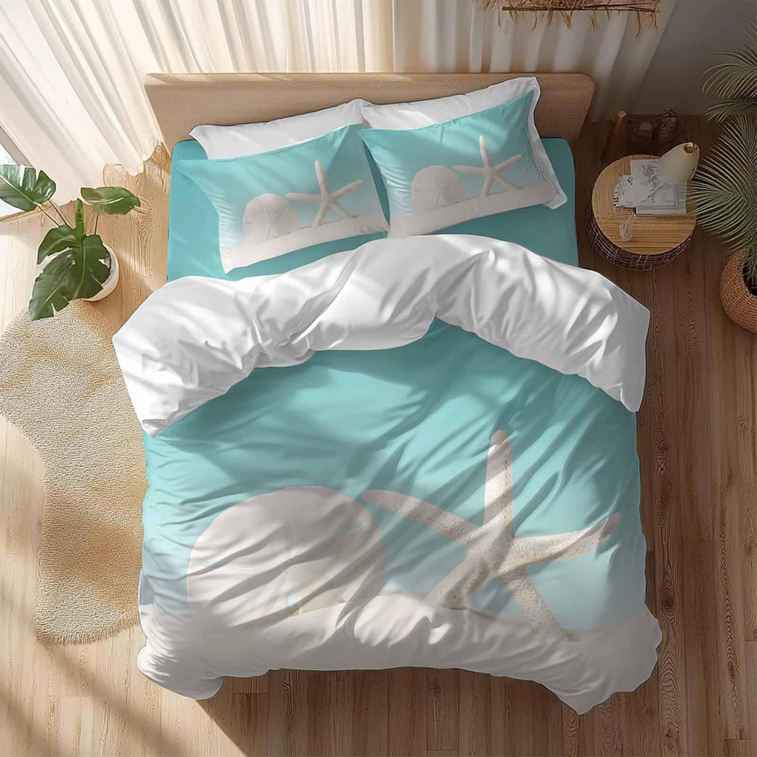 Beach Starfish Sand Dollar Duvet Cover Set Queen Size 4 Pieces Modern Nautical Ocean Marine Life Teal Bedding Set with Zipper Closure, 1 Comforter Cover 90x92 Inches 1 Flat Sheet & 2 Pillow Cases