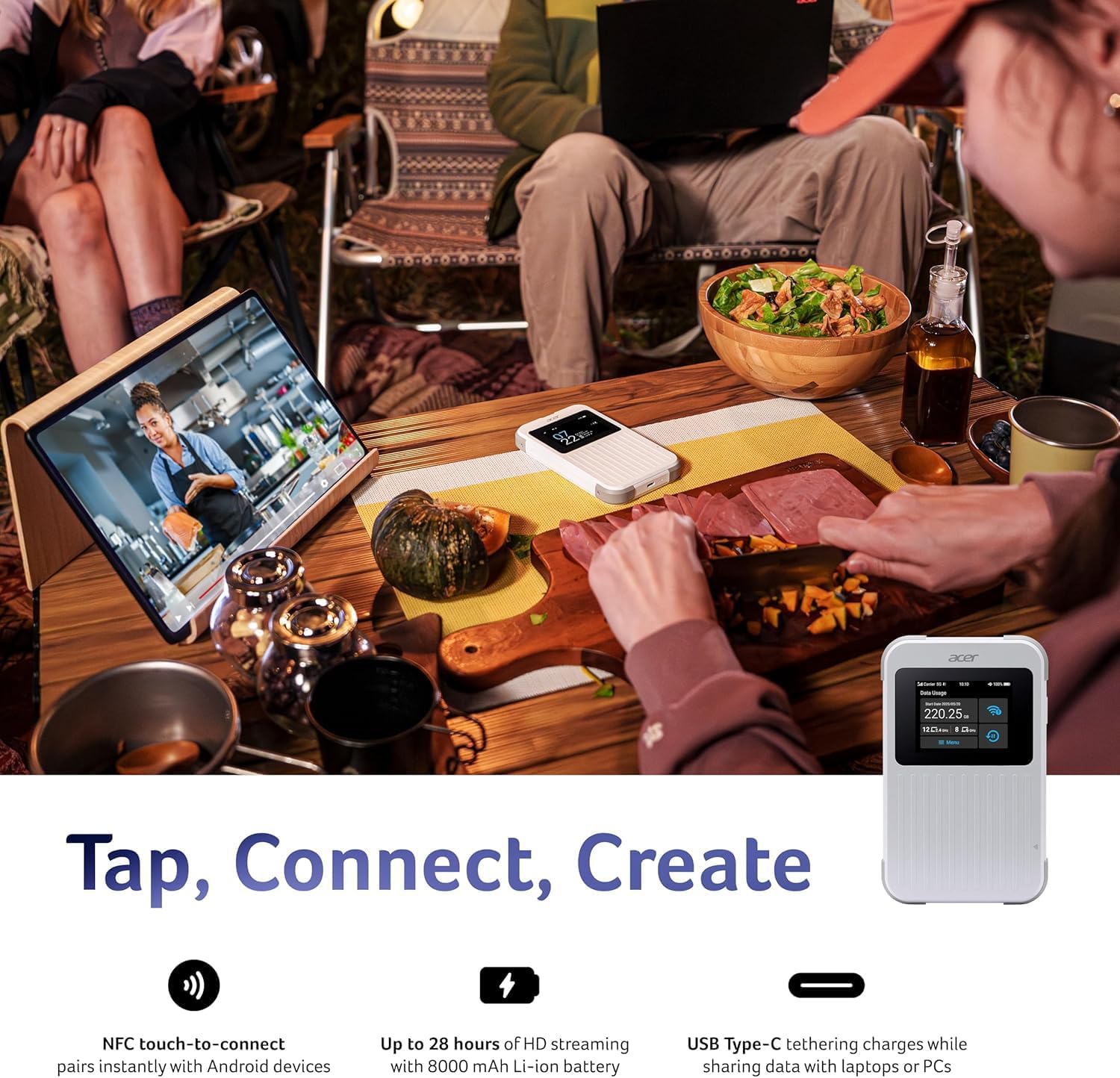 Acer Connect M6E 5G Mobile Wi-Fi | Wi-Fi 6E Hotspot 20 Devices | 2.4″ Touchscreen | 135+ Country Coverage | 8000 mAh Battery | IP68 Rugged | Enterprise-Grade Security | NFC Touch-to-Connect | Tri-SIM