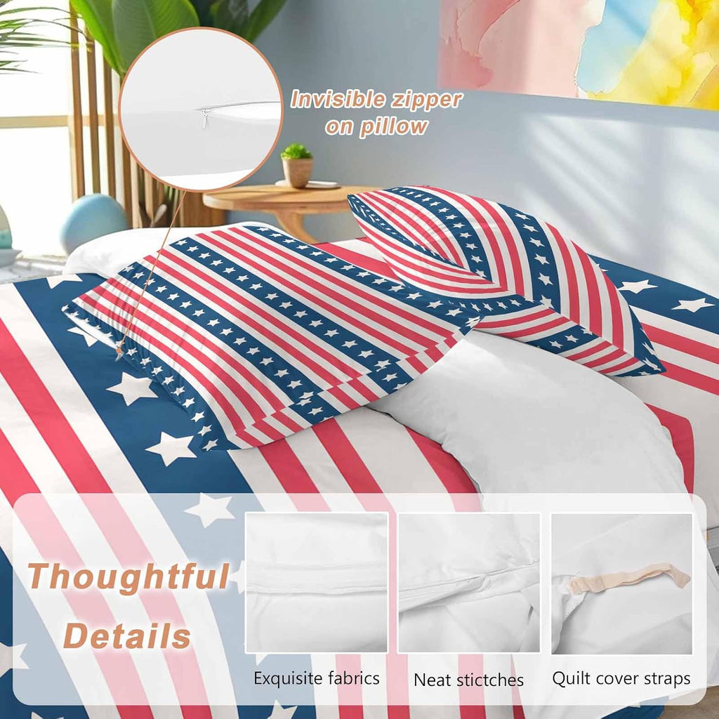 Prime Leader Independence Day Duvet Cover Set Queen Size 4 Pieces Watercolor Red White Blue Stripes White Bedding Set with Zipper Closure, 1 Comforter Cover 86x86 Inches 1 Flat Sheet & 2 Pillow Cases