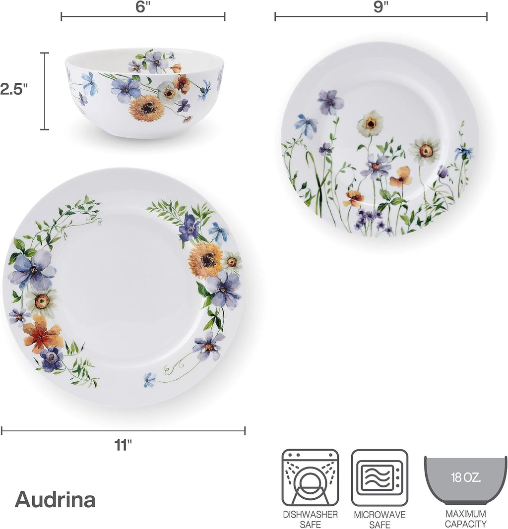 Mikasa Audrina Water Color Flowers Bone China Lightweight Chip Resistant 12 Piece Dinnerware Set, Service for 4, White