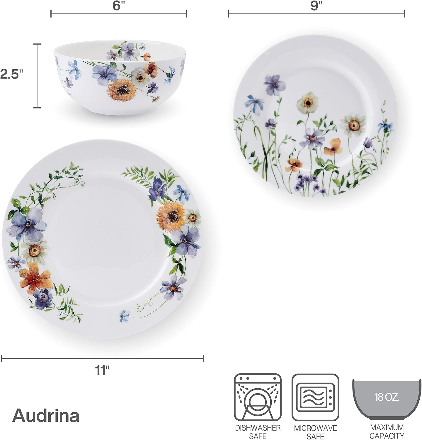 Mikasa Audrina Water Color Flowers Bone China Lightweight Chip Resistant 12 Piece Dinnerware Set, Service for 4, White