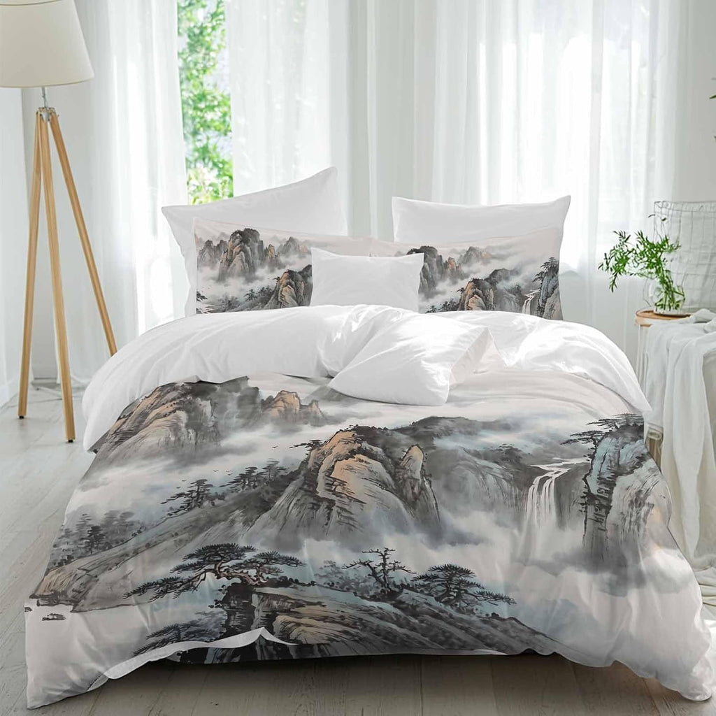 Prime Leader Mountain Cloud Duvet Cover Set Queen Size 4 Pieces Tree Water Ink Painting Chinese Wind Bedding Set with Zipper Closure, 1 Comforter Cover 92x106 Inches 1 Flat Sheet & 2 Pillow Cases