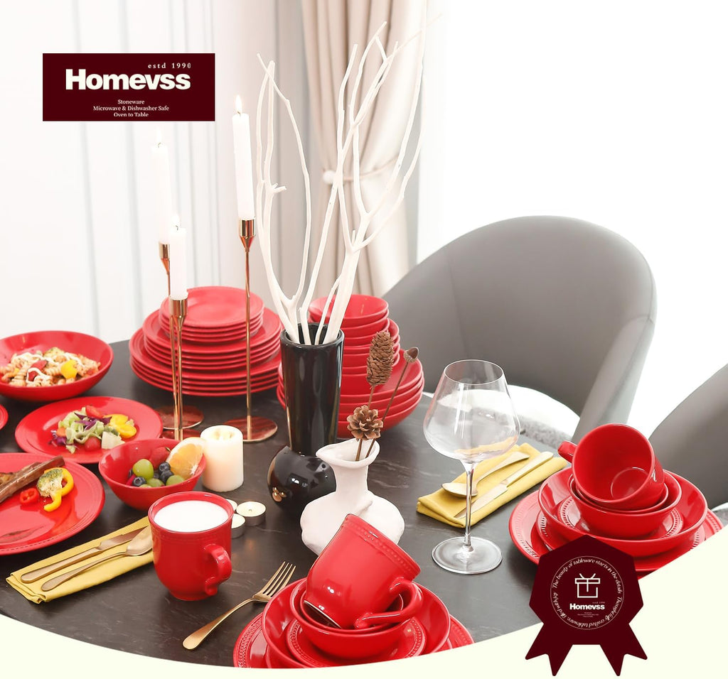 Pearl Dots Stoneware Dinnerware Set (56pc Set, Red)