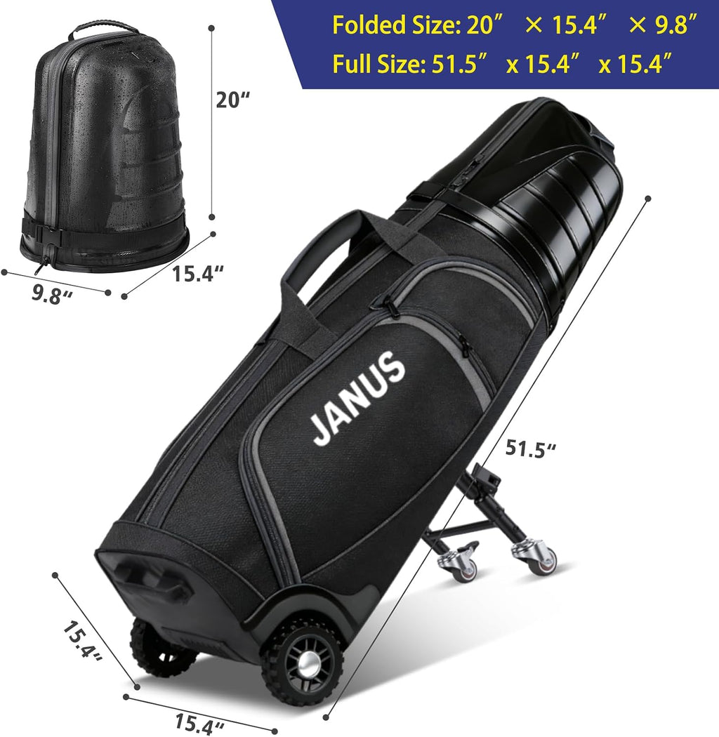 JANUS Golf Travel Bag Hard Case with Foldable Support Legs, Hands-Free Golf Club Travel Bag with 360° Spinner Wheels, ABS Hard Shell, Foldable Design for Airline Travel