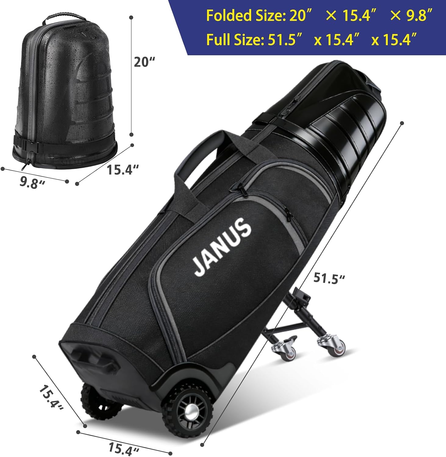 JANUS Golf Travel Bag Hard Case with Foldable Support Legs, Hands-Free Golf Club Travel Bag with 360° Spinner Wheels, ABS Hard Shell, Foldable Design for Airline Travel