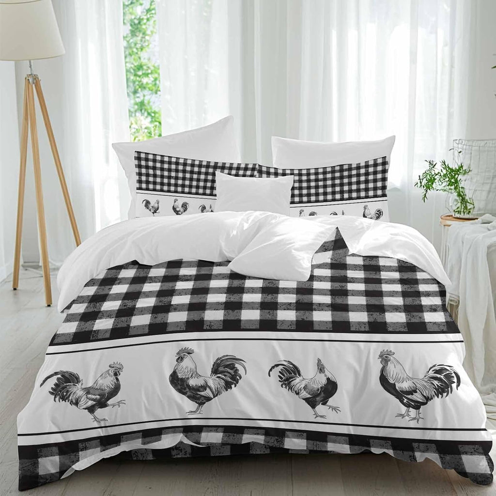 Prime Leader Vintage Black Plaid Duvet Cover Set Queen Size 4 Pieces Farm Cock Chicken Animal Watercolor Bedding Set with Zipper Closure, 1 Comforter Cover 90x92 Inches 1 Flat Sheet & 2 Pillow Cases