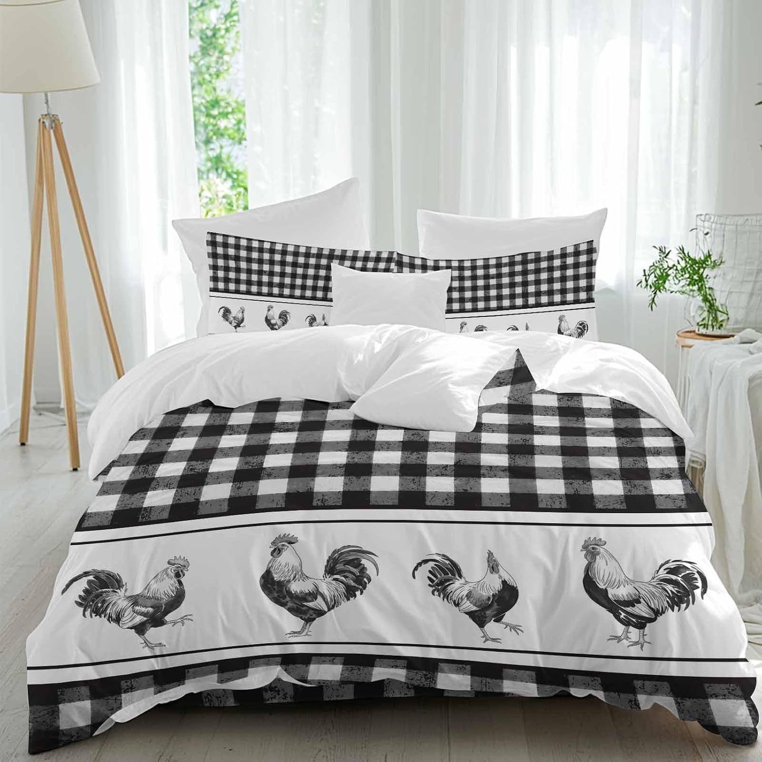 Prime Leader Vintage Black Plaid Duvet Cover Set Queen Size 4 Pieces Farm Cock Chicken Animal Watercolor Bedding Set with Zipper Closure, 1 Comforter Cover 90x92 Inches 1 Flat Sheet & 2 Pillow Cases