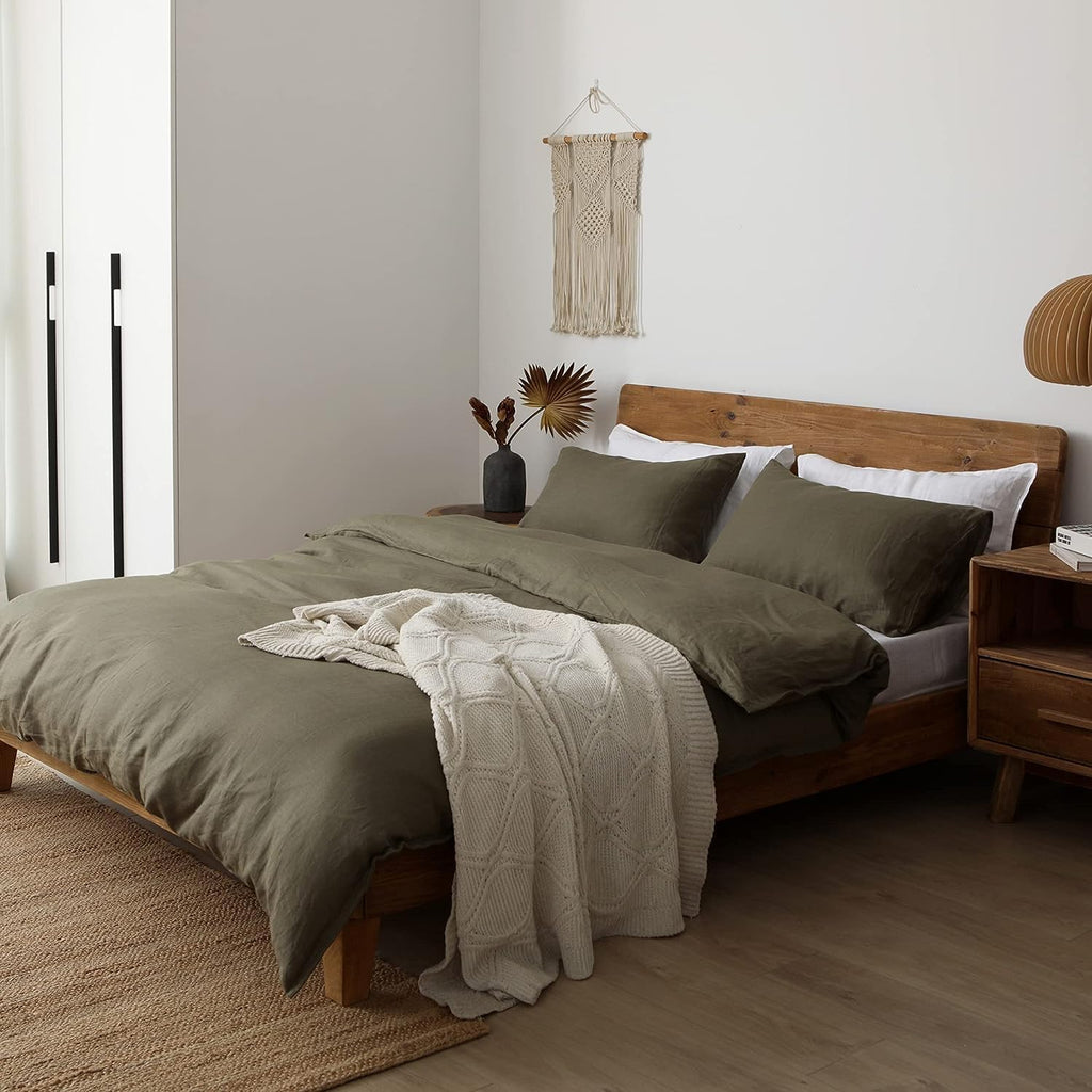 XZ XIFA Olive Green 100% Linen Queen Size Bedding Set, Cooling Duvet Cover with Natural Washed French Flax，Soft,Breathable,Textured,Fluffy Duvet Cover (1 Duvet Cover,2 Pillow Shams)