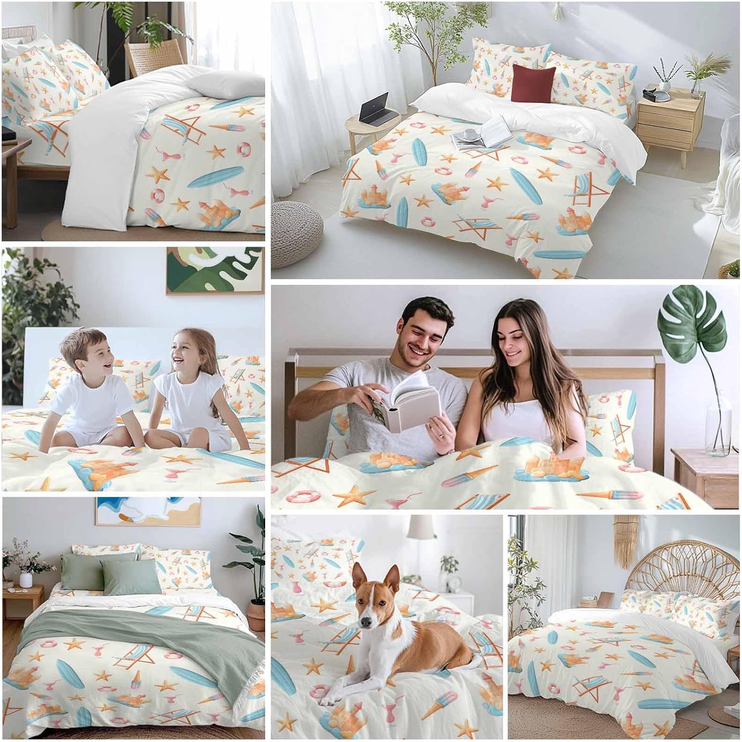 Summer Beach Duvet Cover Set Queen Size 4 Pieces Dreamy Ocean Blue Surfboards Beach Chair Castle Starfish Bedding Set with Zipper Closure, 1 Comforter Cover 86x86 Inches 1 Flat Sheet & 2 Pillow Cases