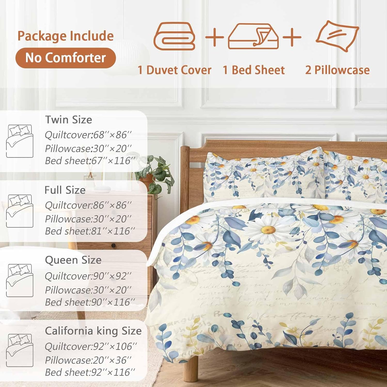 Spring Eucalyptus Leaves Duvet Cover Set Queen Size 4 Pieces Country Vintage Blue Leaf White Daisy Bedding Set with Zipper Closure, 1 Comforter Cover 86x86 Inches 1 Flat Sheet & 2 Pillow Cases