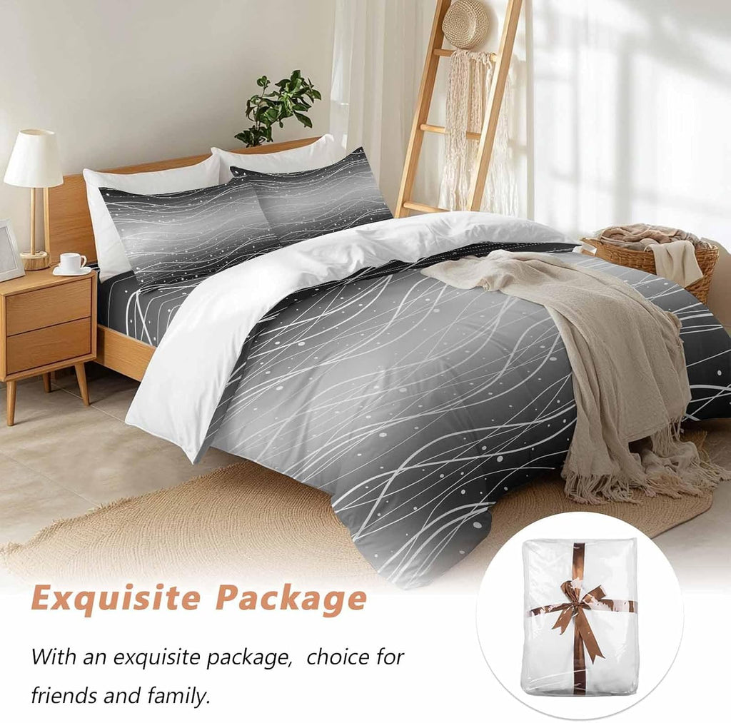 Gradient Black White Duvet Cover Set Queen Size 4 Pieces Wave Line Dots Modern Abstract Simple Bedding Set with Zipper Closure, 1 Comforter Cover 92x106 Inches 1 Flat Sheet & 2 Pillow Cases