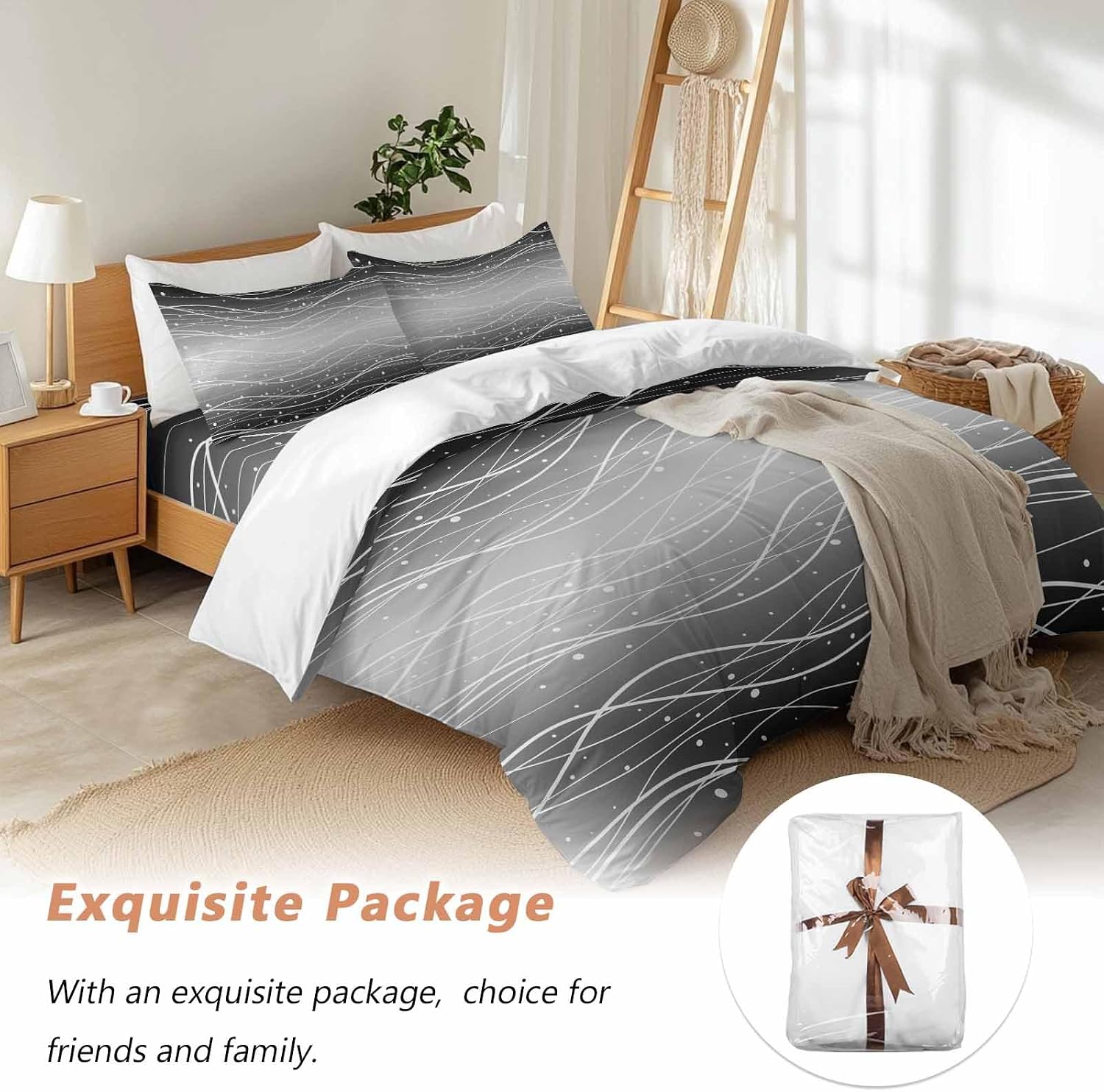 Gradient Black White Duvet Cover Set Queen Size 4 Pieces Wave Line Dots Modern Abstract Simple Bedding Set with Zipper Closure, 1 Comforter Cover 92x106 Inches 1 Flat Sheet & 2 Pillow Cases