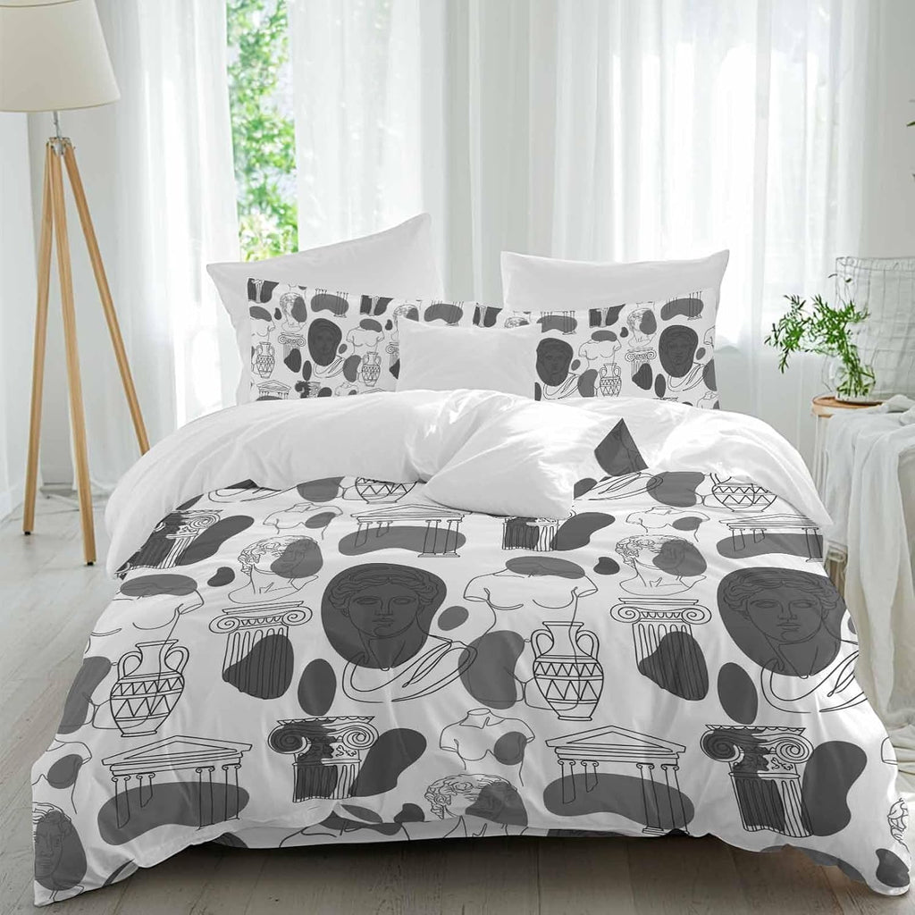 Modern Abstract Duvet Cover Set Queen Size 4 Pieces Grey Classical Ancient Greek Sculptural Heads Bedding Set with Zipper Closure, 1 Comforter Cover 90x92 Inches 1 Flat Sheet & 2 Pillow Cases