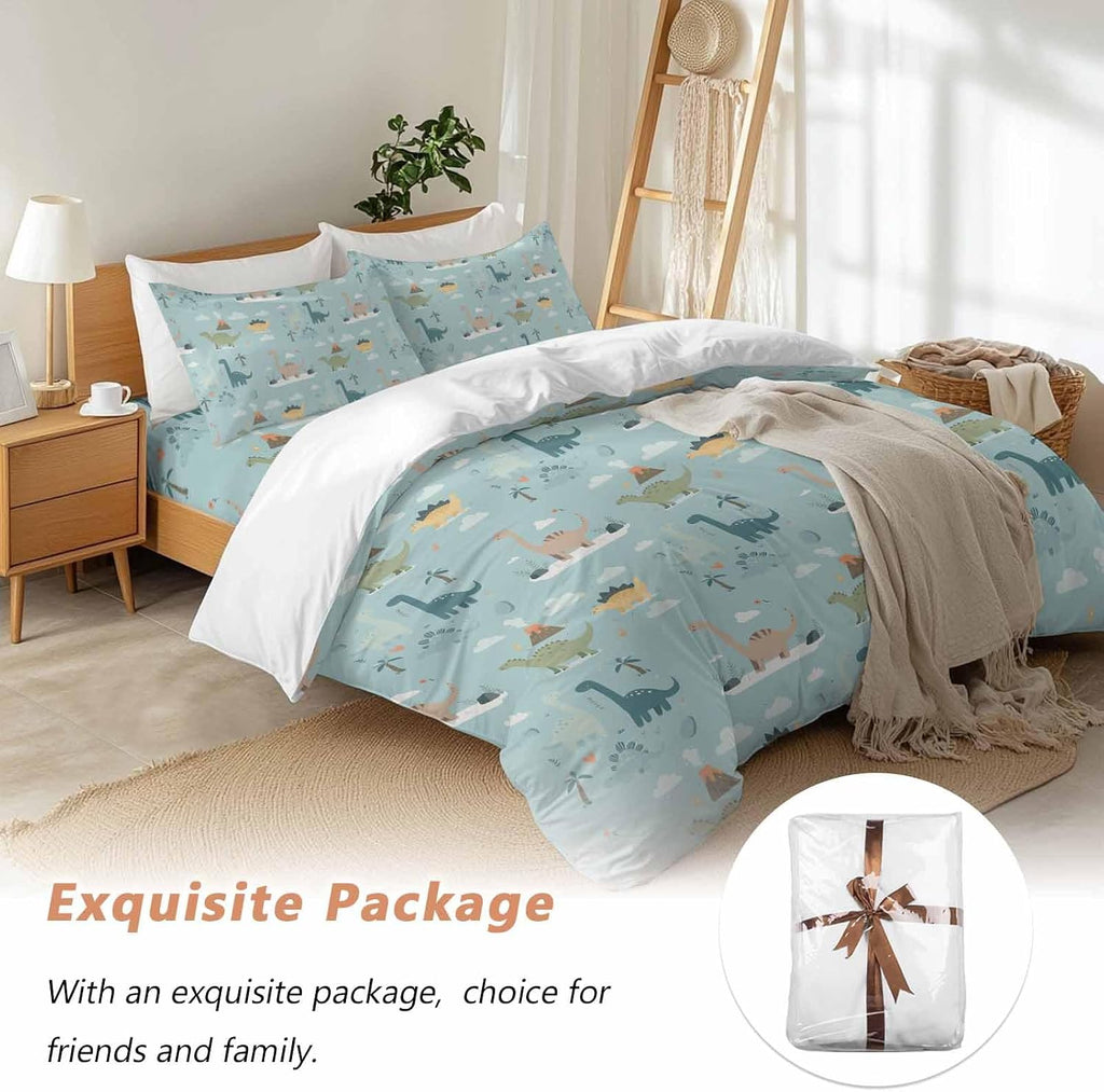 Green Cute Dinosaurs Duvet Cover Set Queen Size 4 Pieces Lovely Colorful Cartoon Animals Tree Cloud Bedding Set with Zipper Closure, 1 Comforter Cover 90x92 Inches 1 Flat Sheet & 2 Pillow Cases