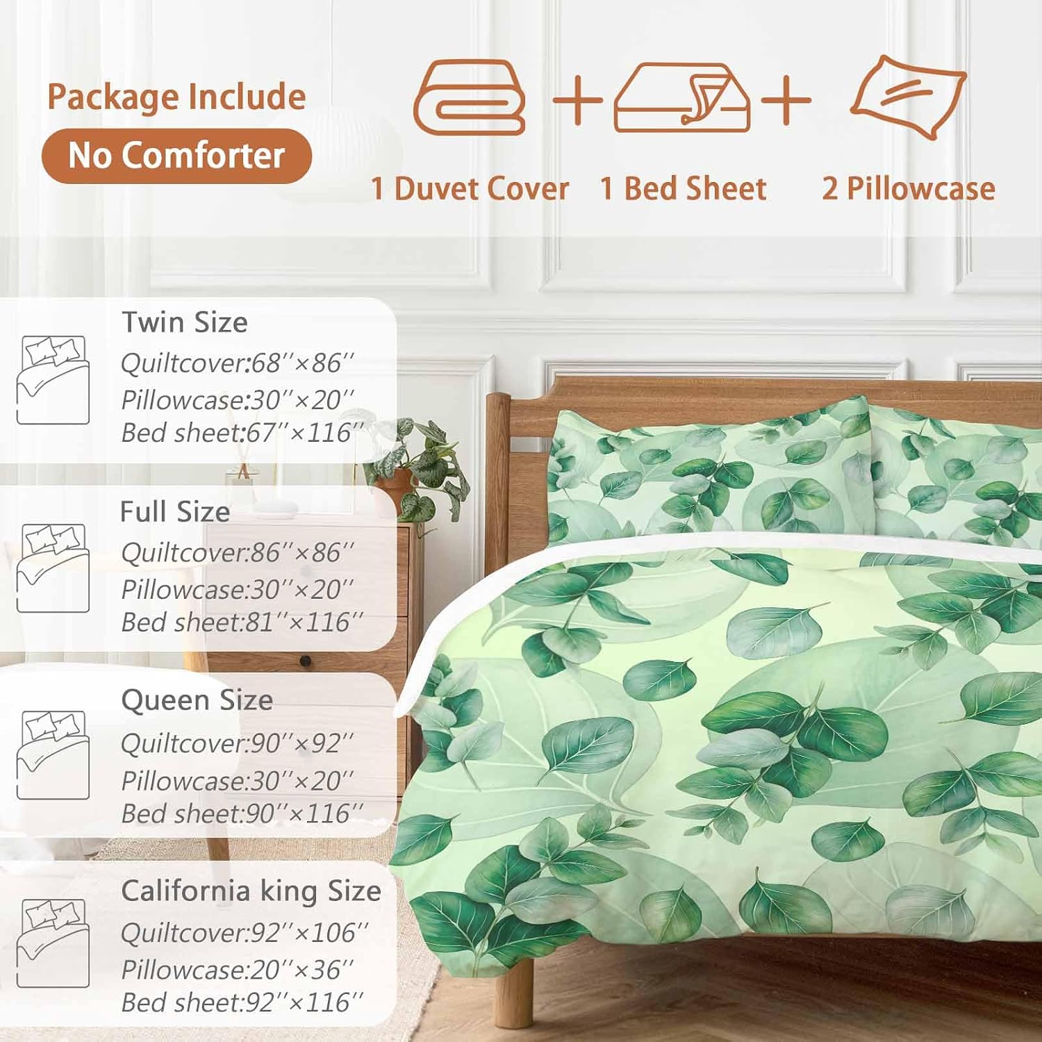 Green Leaf Duvet Cover Set Queen Size 4 Pieces Summer Green Eucalyptus Leaves Plants Farmhouse Bedding Set with Zipper Closure, 1 Comforter Cover 86x86 Inches 1 Flat Sheet & 2 Pillow Cases