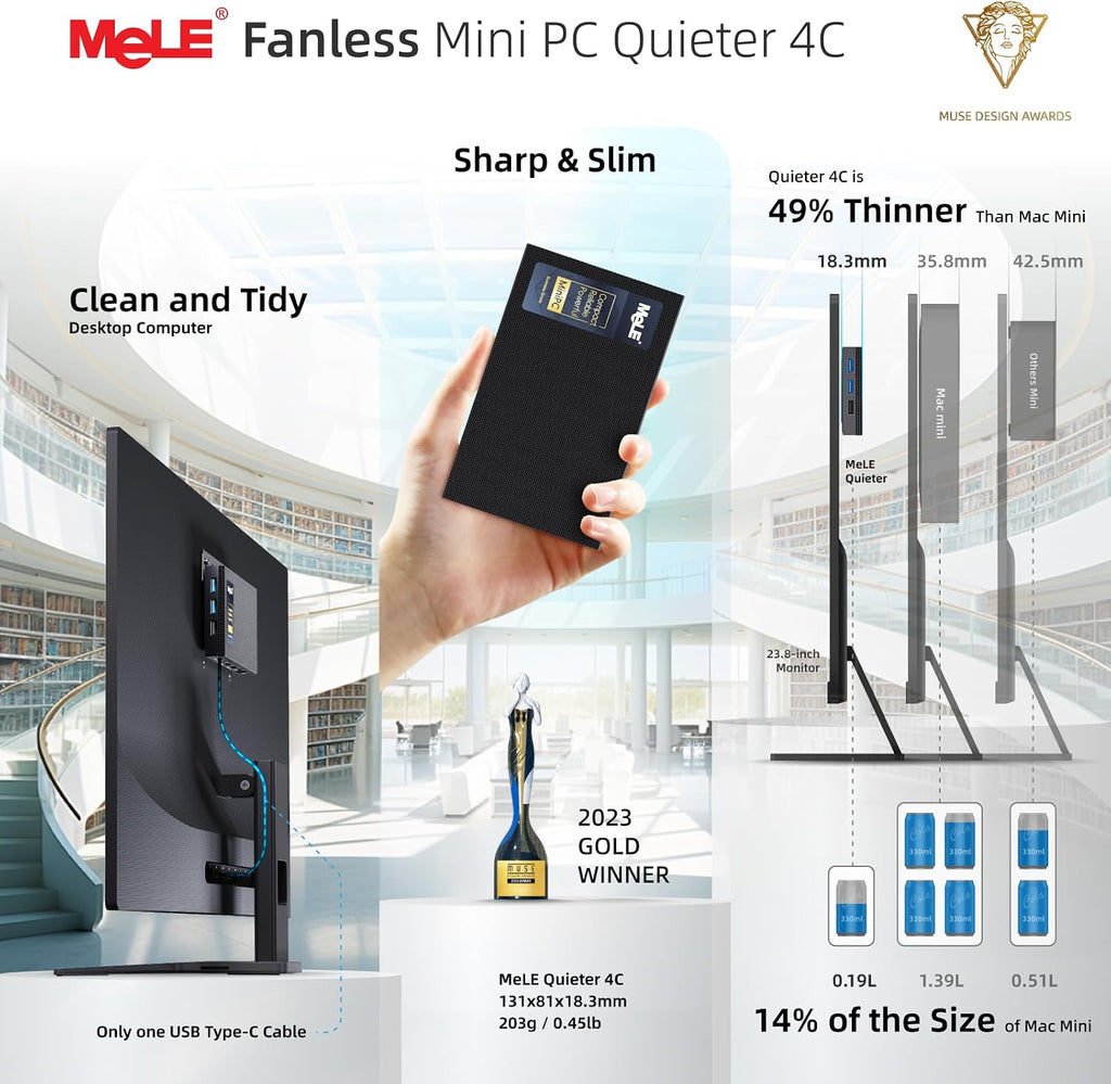 MeLE Mini PC Quieter 4C - 12th Gen N100, Fanless PC, 8GB Memory, 128GB Storage, 2.4/5G Wi-Fi, Full-Functional USB-C, 4K Triple Display Desktop on Home, Office, Education, Astrophotography