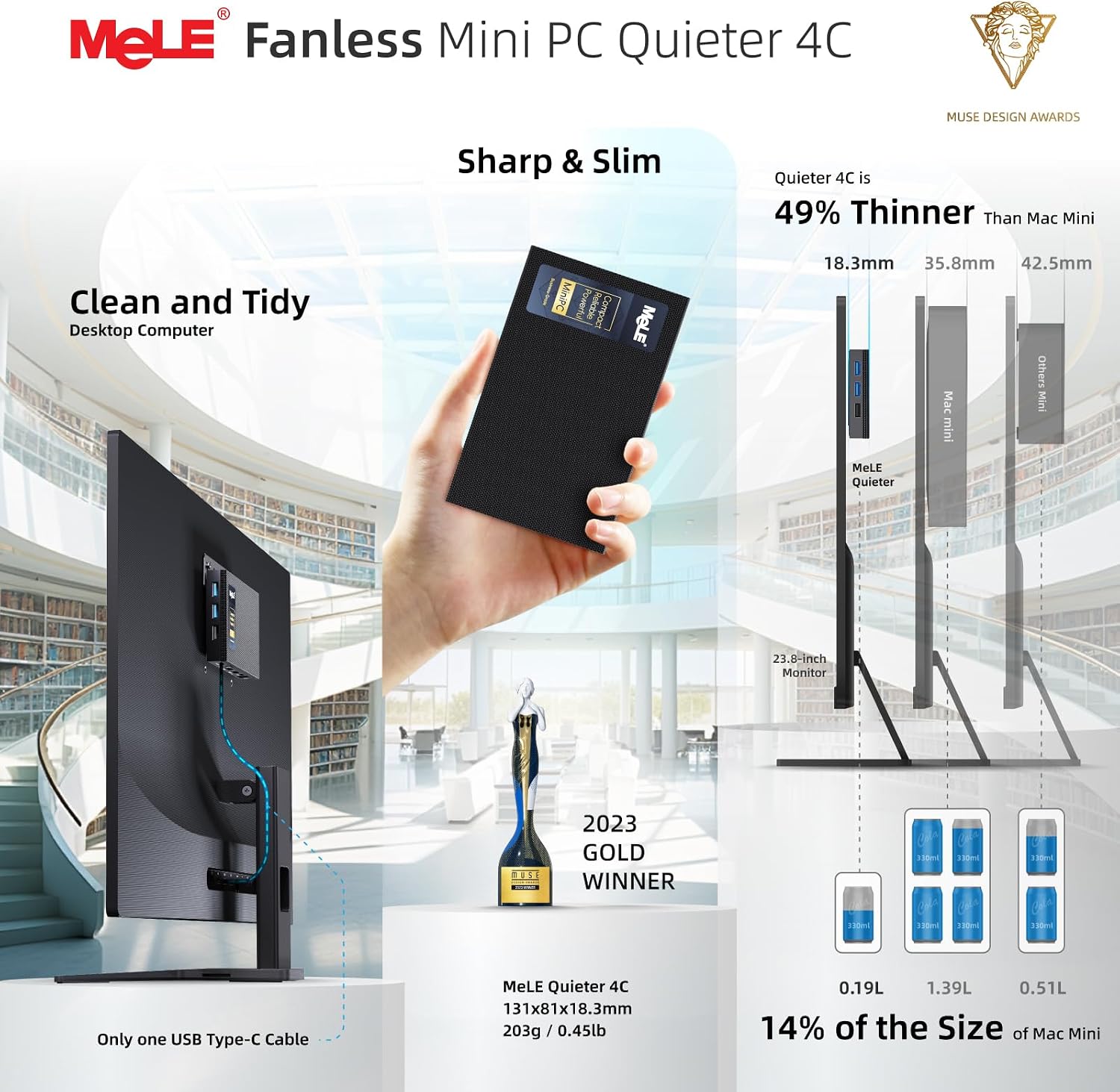 MeLE Mini PC Quieter 4C - 12th Gen N100, Fanless PC, 8GB Memory, 128GB Storage, 2.4/5G Wi-Fi, Full-Functional USB-C, 4K Triple Display Desktop on Home, Office, Education, Astrophotography