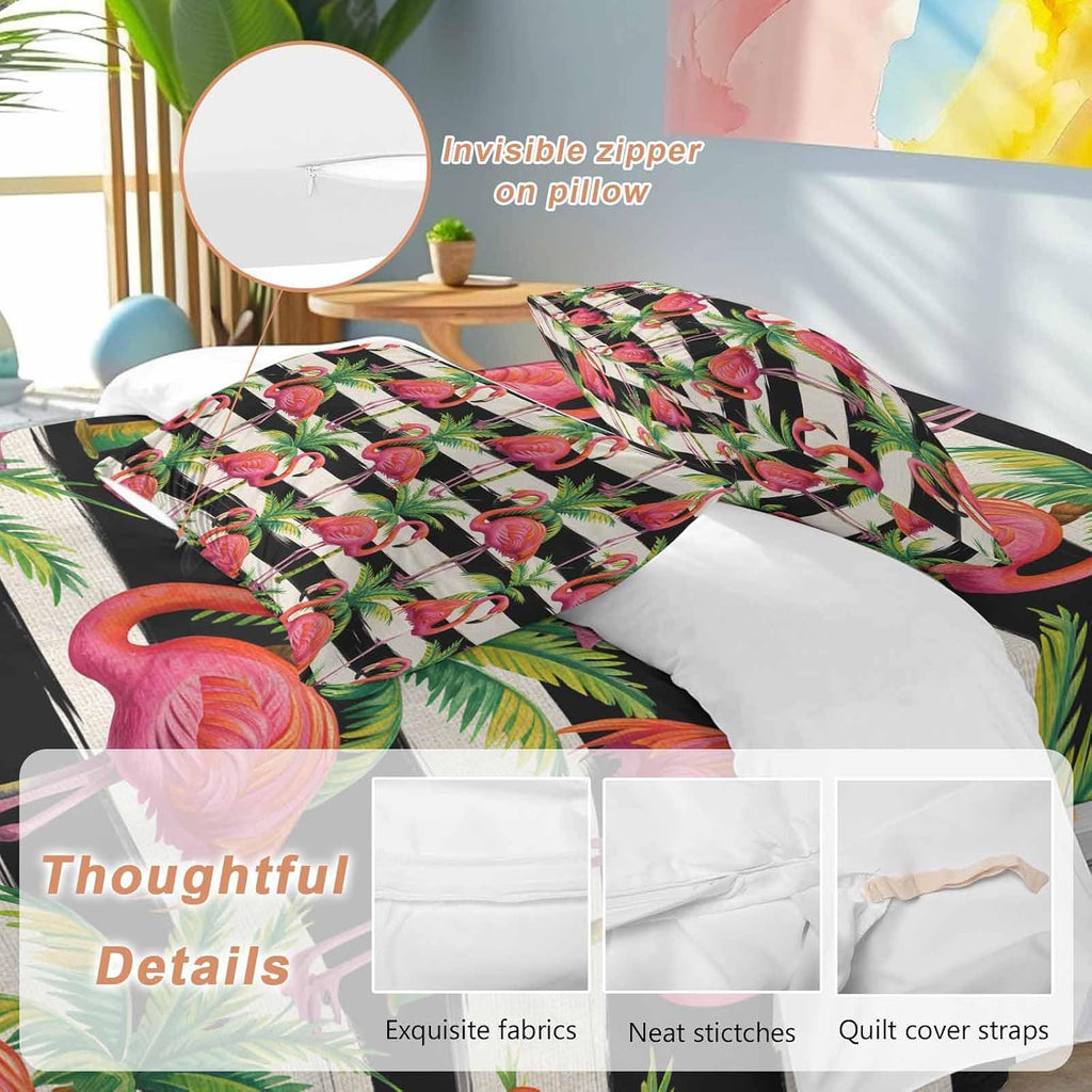 Prime Leader Pink Flamingo Duvet Cover Set Queen Size 4 Pieces Palm Leaf White Black Striped Vintage Bedding Set with Zipper Closure, 1 Comforter Cover 90x92 Inches 1 Flat Sheet & 2 Pillow Cases