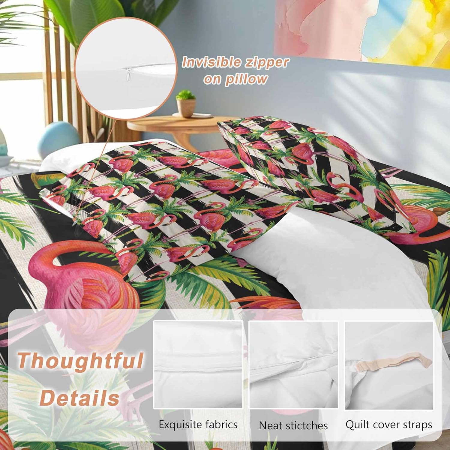 Prime Leader Pink Flamingo Duvet Cover Set Queen Size 4 Pieces Palm Leaf White Black Striped Vintage Bedding Set with Zipper Closure, 1 Comforter Cover 90x92 Inches 1 Flat Sheet & 2 Pillow Cases