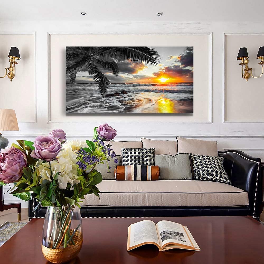 Yxbhhym-Large Canvas Black White Gold Ocean Wall Art Sunset Beach Pictures Coastal Painting Sunrise Seascape Scenery Print Palm Poster Sea Artwork for Bedroom Wall Art Living Room Office Décor