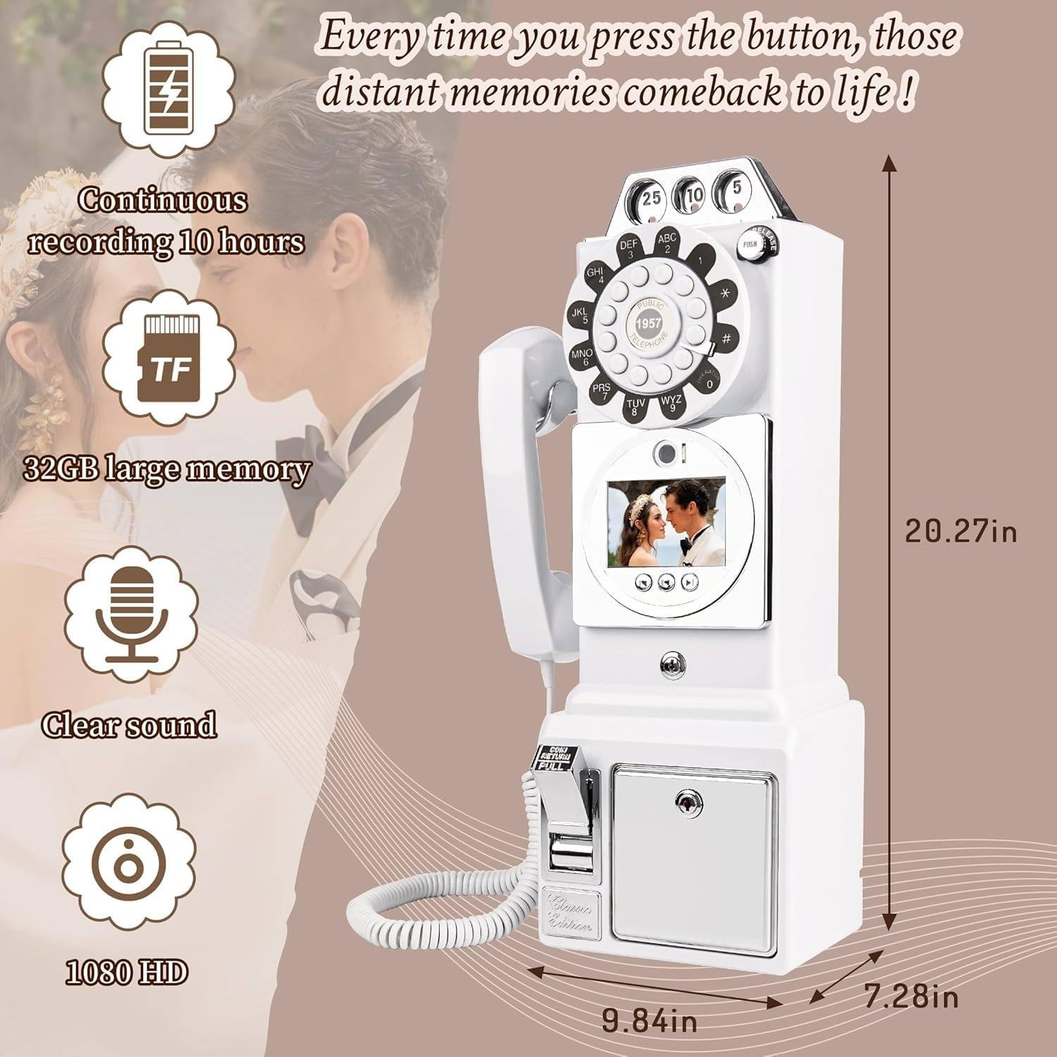 1080p Hd Video Phone Guestbook,Video Audio Guest Book,Retro Wedding Video Guest Message Book, for A Variety of Recording Beautiful Moments White-64G