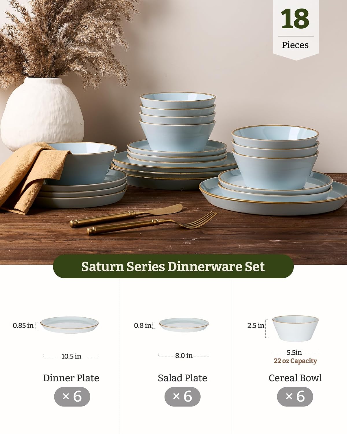 Famiware Saturn Plates and Bowls Dish Sets for 6 (18 Pieces), Stoneware Dinnerware Set with Hand-Painted Trim - Chip & Scratch Resistant, Microwave & Dishwasher Safe Ceramic Dishes, Light Blue