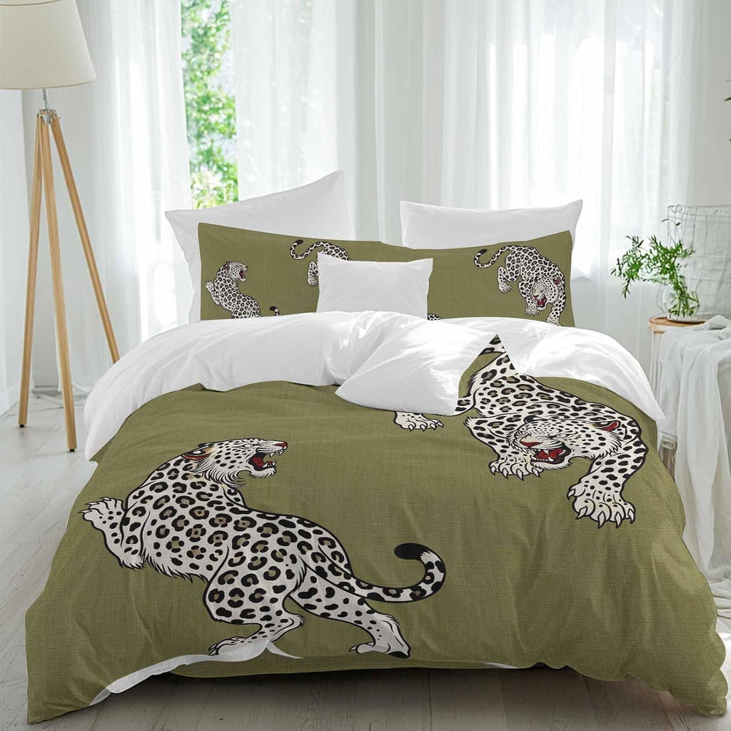 Green Leopard Duvet Cover Set Queen Size 4 Pieces Modern Style Wild Animal Rustic Linen Texture Bedding Set with Zipper Closure, 1 Comforter Cover 90x92 Inches 1 Flat Sheet & 2 Pillow Cases