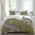 Green Leopard Duvet Cover Set Queen Size 4 Pieces Modern Style Wild Animal Rustic Linen Texture Bedding Set with Zipper Closure, 1 Comforter Cover 90x92 Inches 1 Flat Sheet & 2 Pillow Cases