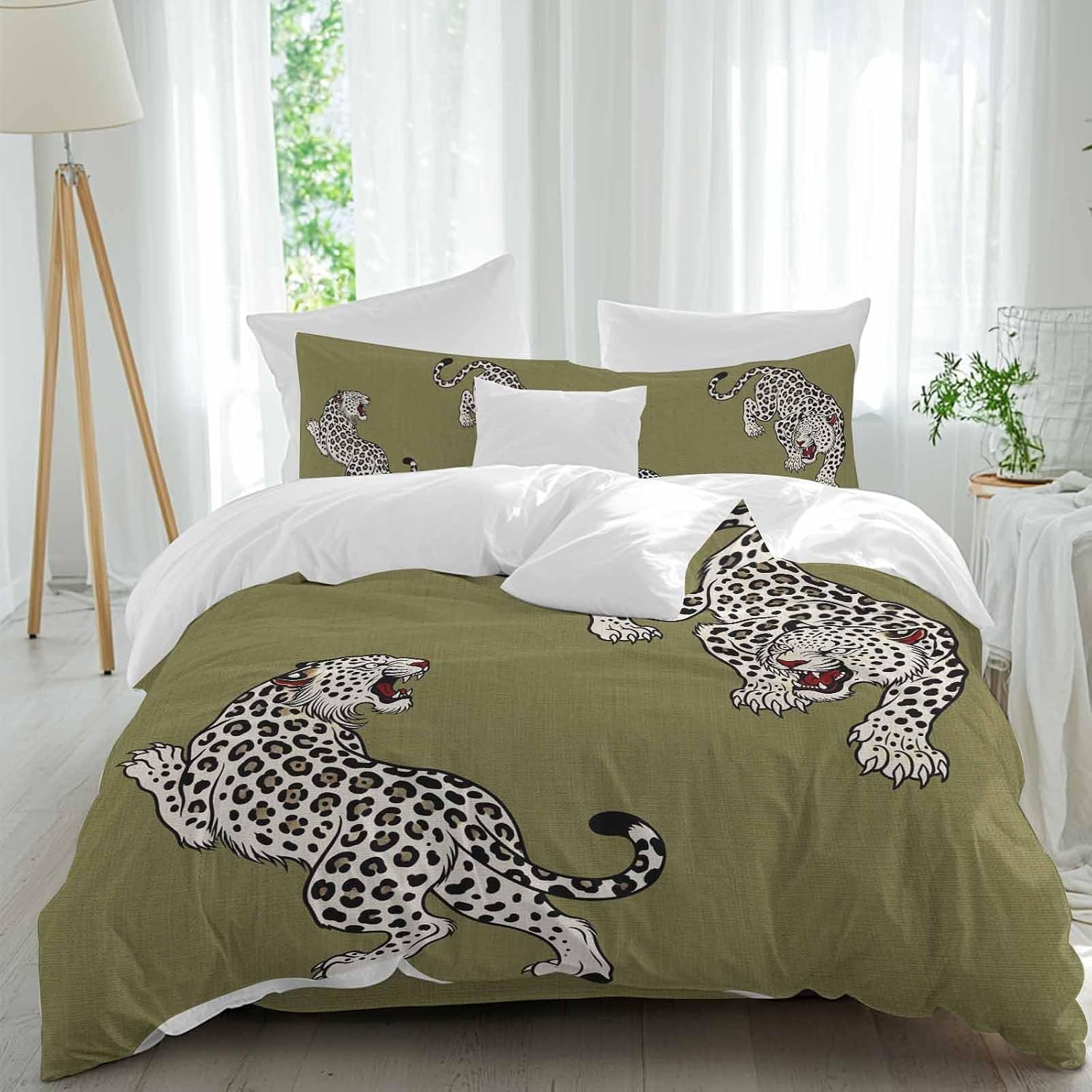 Green Leopard Duvet Cover Set Queen Size 4 Pieces Modern Style Wild Animal Rustic Linen Texture Bedding Set with Zipper Closure, 1 Comforter Cover 90x92 Inches 1 Flat Sheet & 2 Pillow Cases