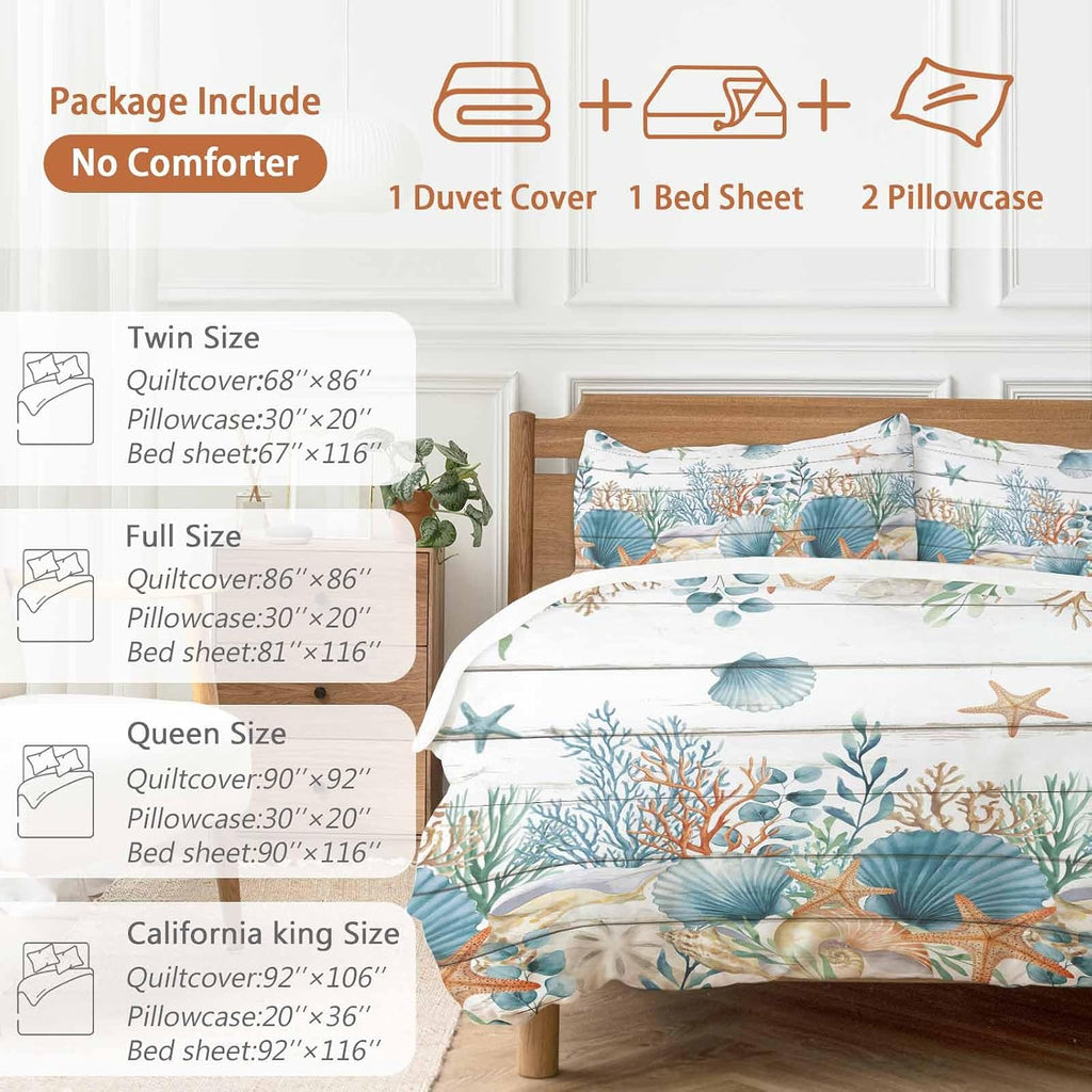 Marine Life Duvet Cover Set Queen Size 4 Pieces Vintage Shell Starfish Coral Eucalyptus Leaves Wood Grain Bedding Set with Zipper Closure, 1 Comforter Cover 86x86 Inches 1 Flat Sheet & 2 Pillow Cases