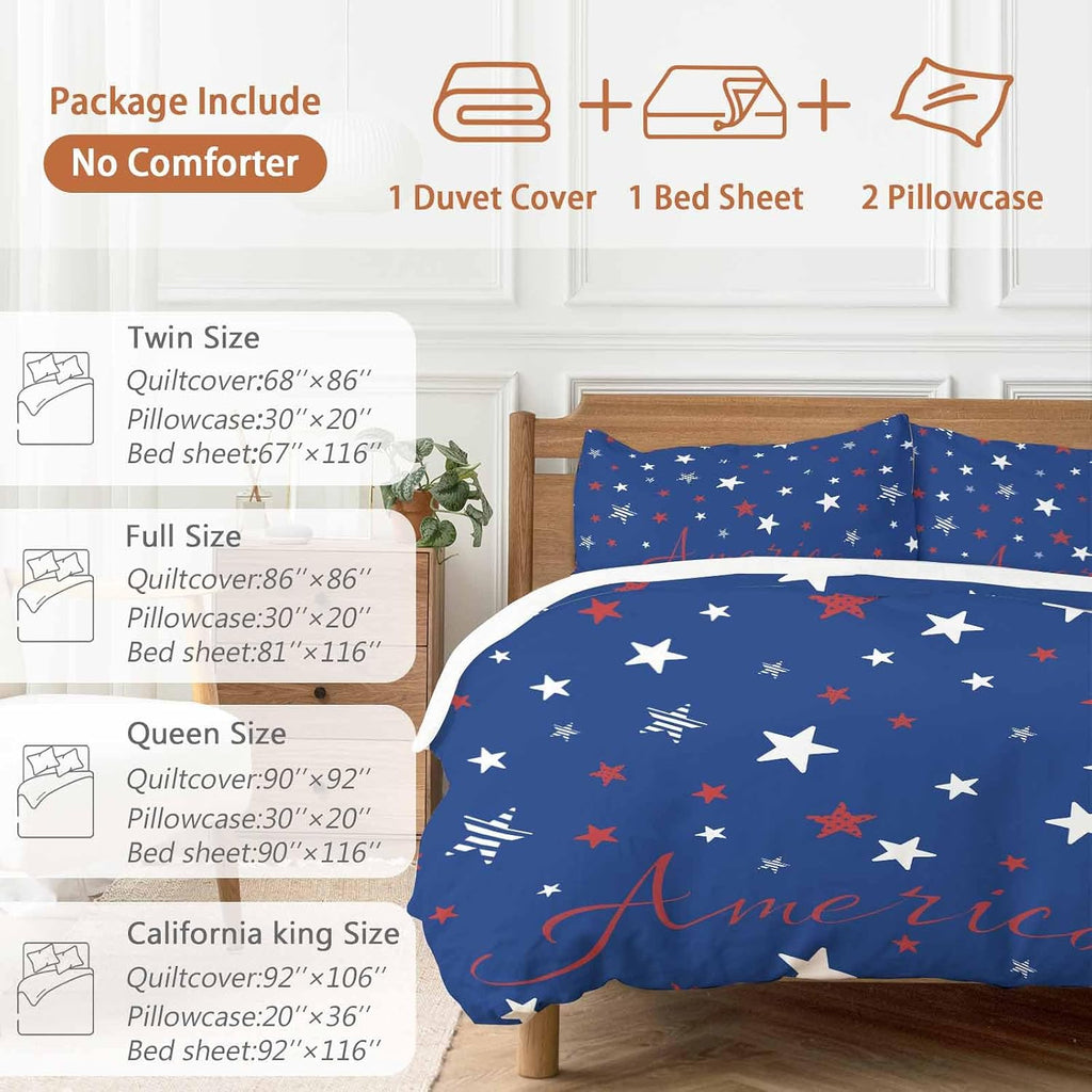 Independence Day Duvet Cover Set Queen Size 4 Pieces Blue White Pentagram America Blue Background Bedding Set with Zipper Closure, 1 Comforter Cover 90x92 Inches 1 Flat Sheet & 2 Pillow Cases