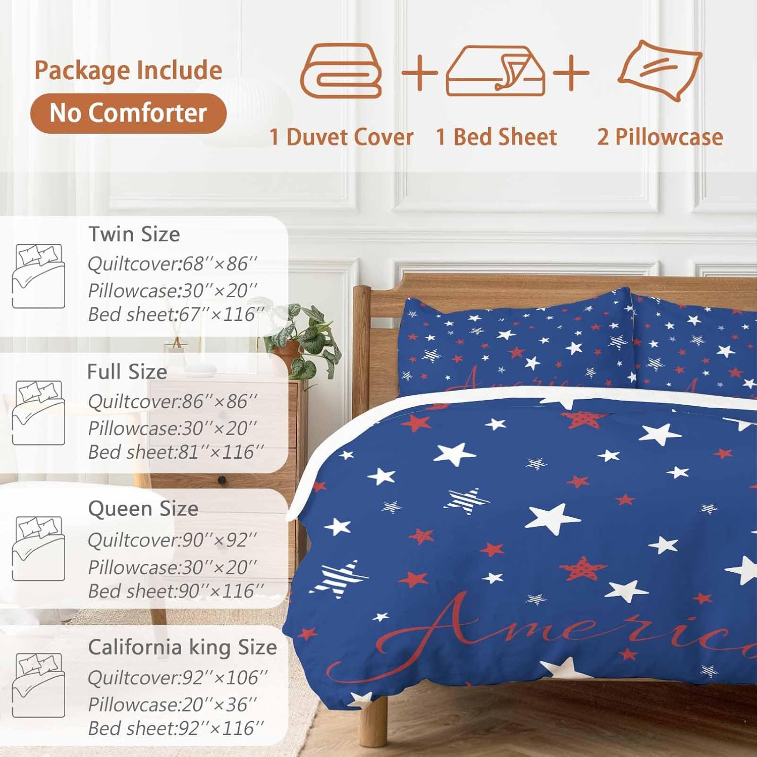 Independence Day Duvet Cover Set Queen Size 4 Pieces Blue White Pentagram America Blue Background Bedding Set with Zipper Closure, 1 Comforter Cover 90x92 Inches 1 Flat Sheet & 2 Pillow Cases