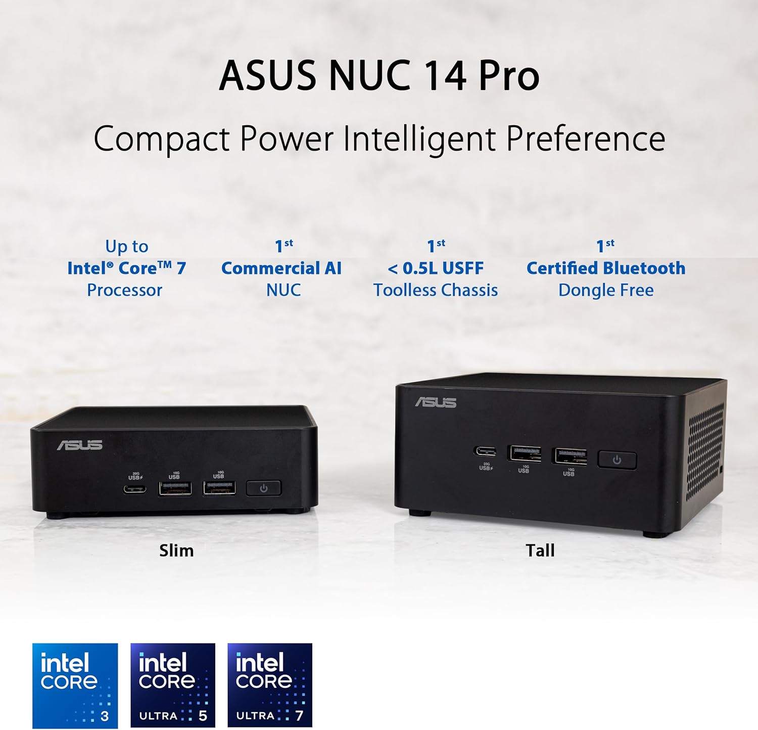 ASUS NUC 14 Pro Slim Barebone with Intel 14th Gen Core 3 100U, Up to 96GB DDR5 RAM, Triple Storage Design, Thunderbolt™ 4, Wi-Fi 6E & Bluetooth 5.3, Toolless Chassis Access, with VESA Mount Included
