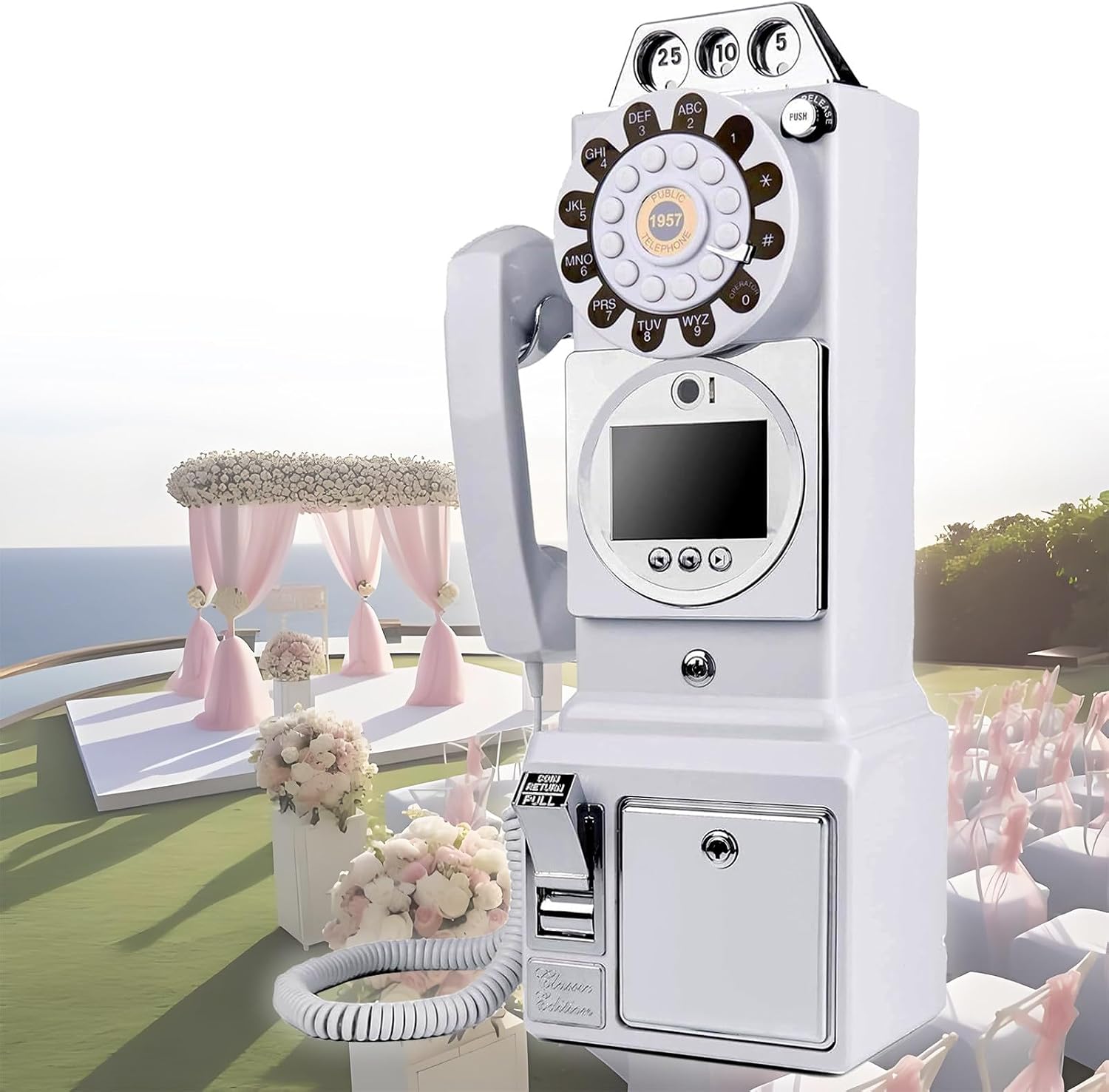 Wedding Video Audio Guestbook, 1080p Video Audio Recording Simulation Phone Calls, Retro Wedding Party Ceremony Phone Ornament, Record Personalized Audio Message, 64G Memory,White