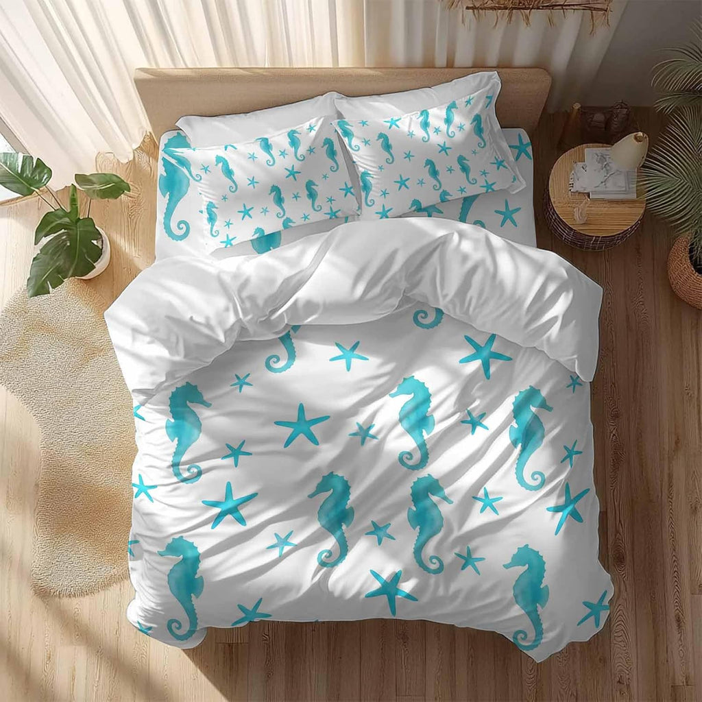 Turquoise Marine Life Duvet Cover Set Queen Size 4 Pieces Summer Seahorse and Starfish Ocean Bedding Set with Zipper Closure, 1 Comforter Cover 92x106 Inches 1 Flat Sheet & 2 Pillow Cases