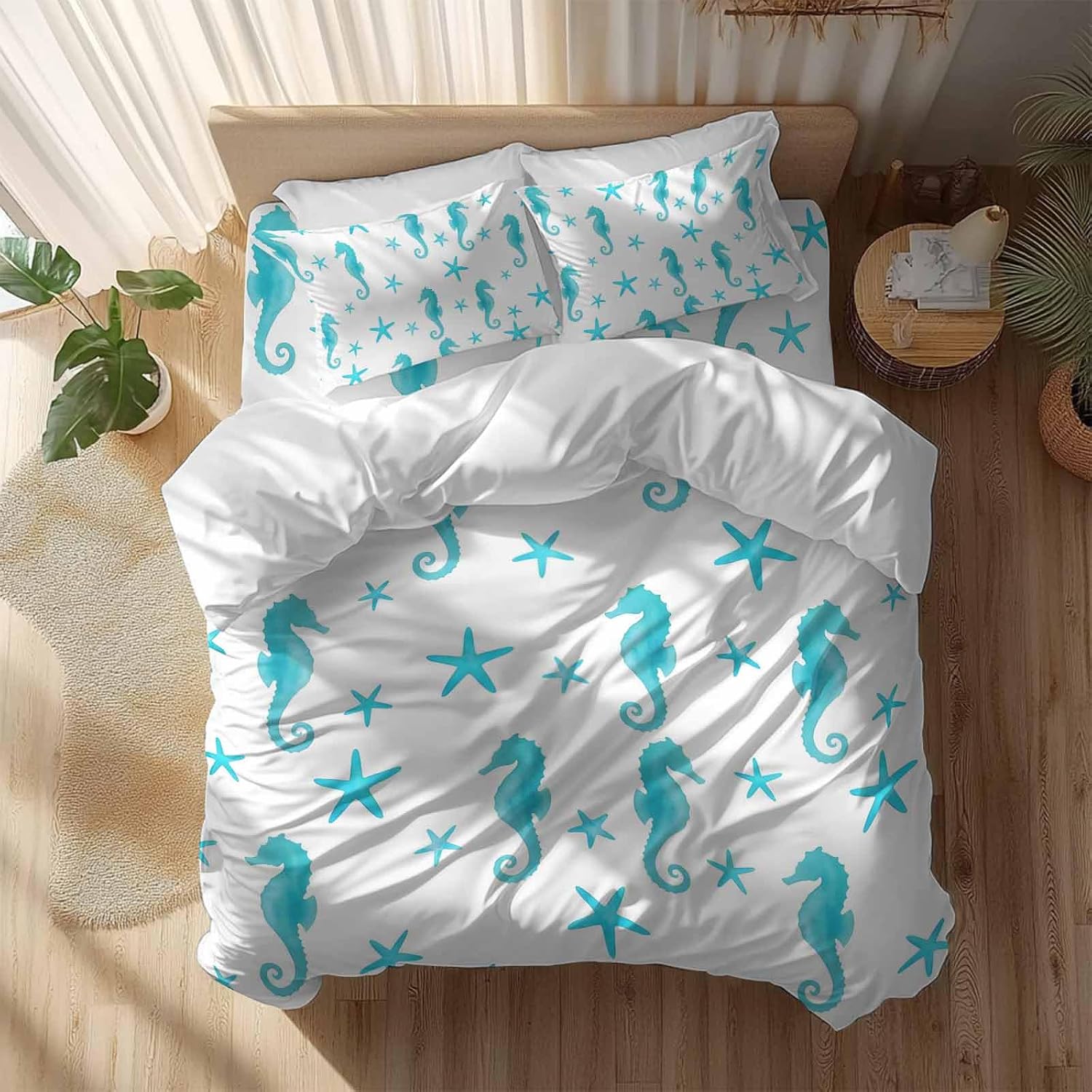 Turquoise Marine Life Duvet Cover Set Queen Size 4 Pieces Summer Seahorse and Starfish Ocean Bedding Set with Zipper Closure, 1 Comforter Cover 92x106 Inches 1 Flat Sheet & 2 Pillow Cases