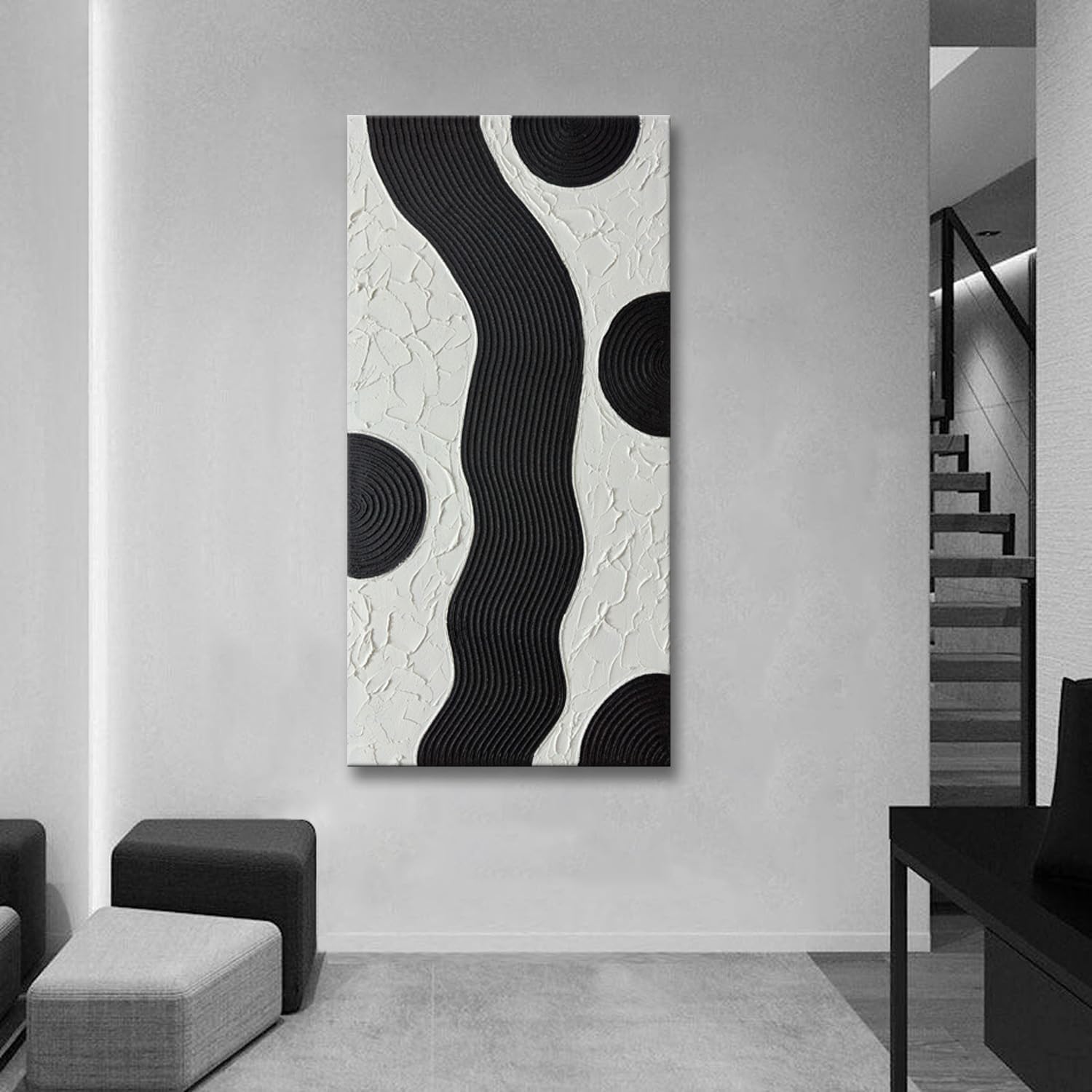 zoinart Hand-Painted Black and White Abstract Oil Paintings Modern Canvas Wall Art, Minimalist Texture Artwork for Living Room Bedroom Office Wall Decor Ready to Hang