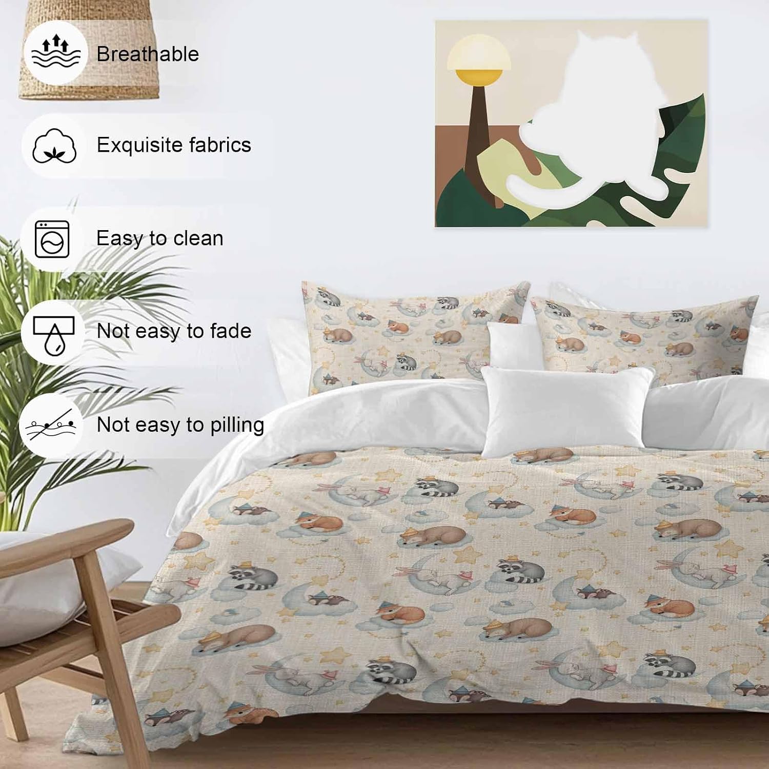 Cartoons Animals Duvet Cover Set Queen Size 4 Pieces Watercolor Fox Sleeping Raccoon Cute Rabbit Bedding Set with Zipper Closure, 1 Comforter Cover 86x86 Inches 1 Flat Sheet & 2 Pillow Cases