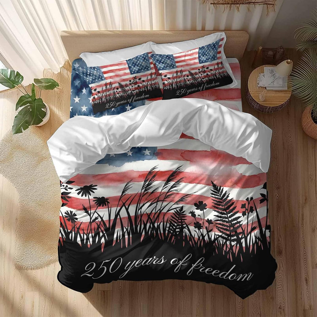 Prime Leader 250 Years of Freedom Duvet Cover Set Queen Size 4 Pieces Watercolor America Flag Plant Fower Bedding Set with Zipper Closure, 1 Comforter Cover 86x86 Inches 1 Flat Sheet & 2 Pillow Cases