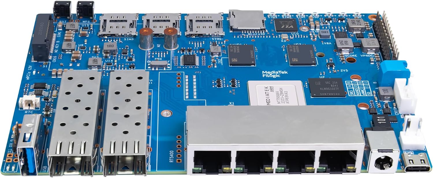Banana Pi BPI-R4 WiFi 7 OpenWRT Wireless Dual-Band WiFi Router Board, MediaTek MT7988A (Filogic 880) SoC, 4G/5G Internet Router, 4X GbE and 2X 10GbE SFP for NAS Smart Home Gateway (8GB RAM Bundle3)