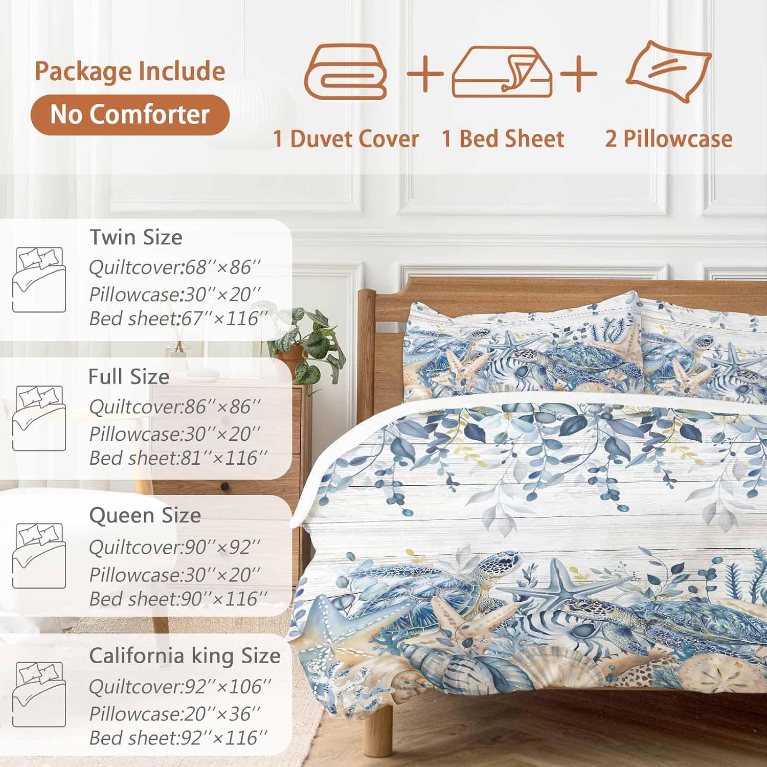 Prime Leader Ocean Turtle Duvet Cover Set Queen Size 4 Pieces Retro Sea Stars Shells Blue Leaf Wood Grain Bedding Set with Zipper Closure, 1 Comforter Cover 90x92 Inches 1 Flat Sheet & 2 Pillow Cases