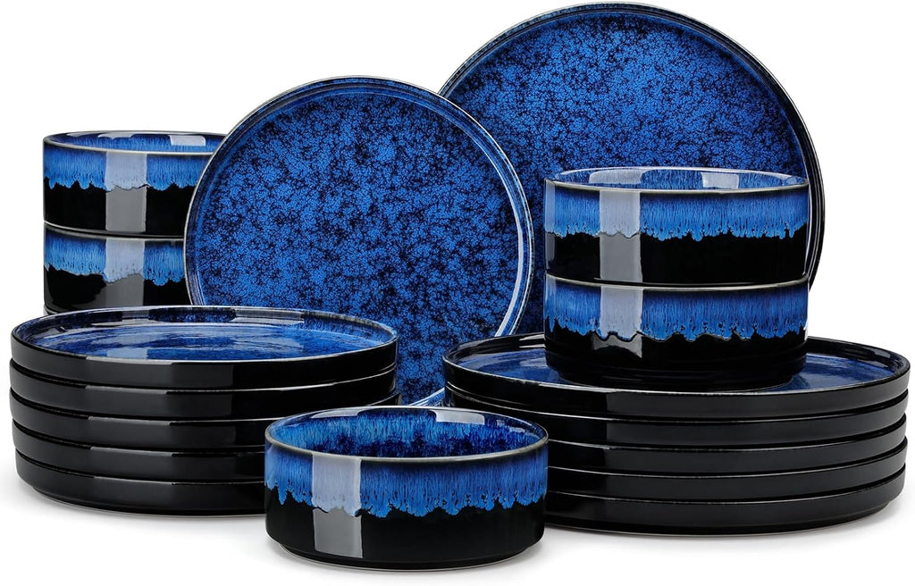 vancasso Plates and Bowls Sets for 6, 18 Pieces Blue Dinnerware Sets for Kitchen, Modern Stoneware Dishes Set, Dishwasher and Microwave Safe, Series Starry