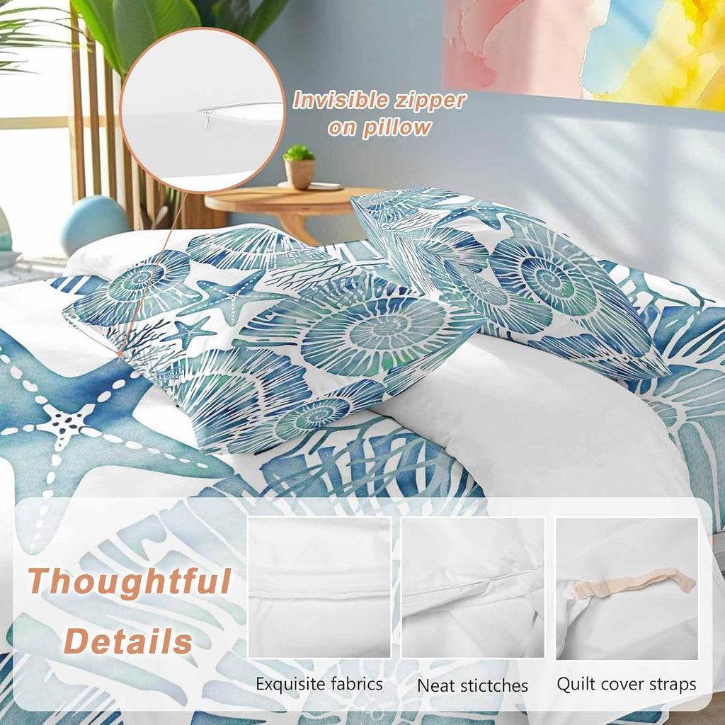 Summer Nautical Duvet Cover Set Queen Size 4 Pieces Blue Seashells Starfish Conch Coral Ocean Bedding Set with Zipper Closure, 1 Comforter Cover 92x106 Inches 1 Flat Sheet & 2 Pillow Cases